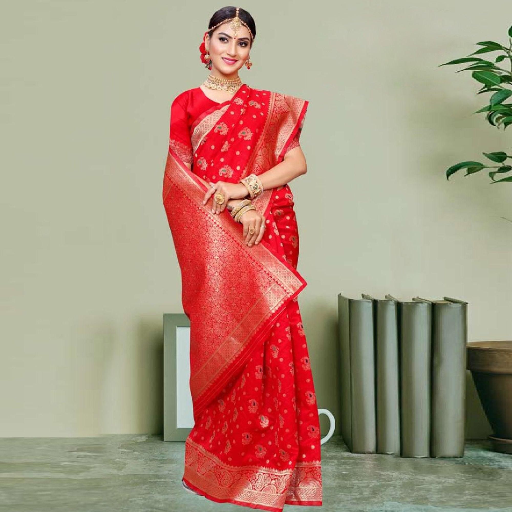 Hypnotic Red Colored Festive Wear Woven Art Silk Saree - Peachmode