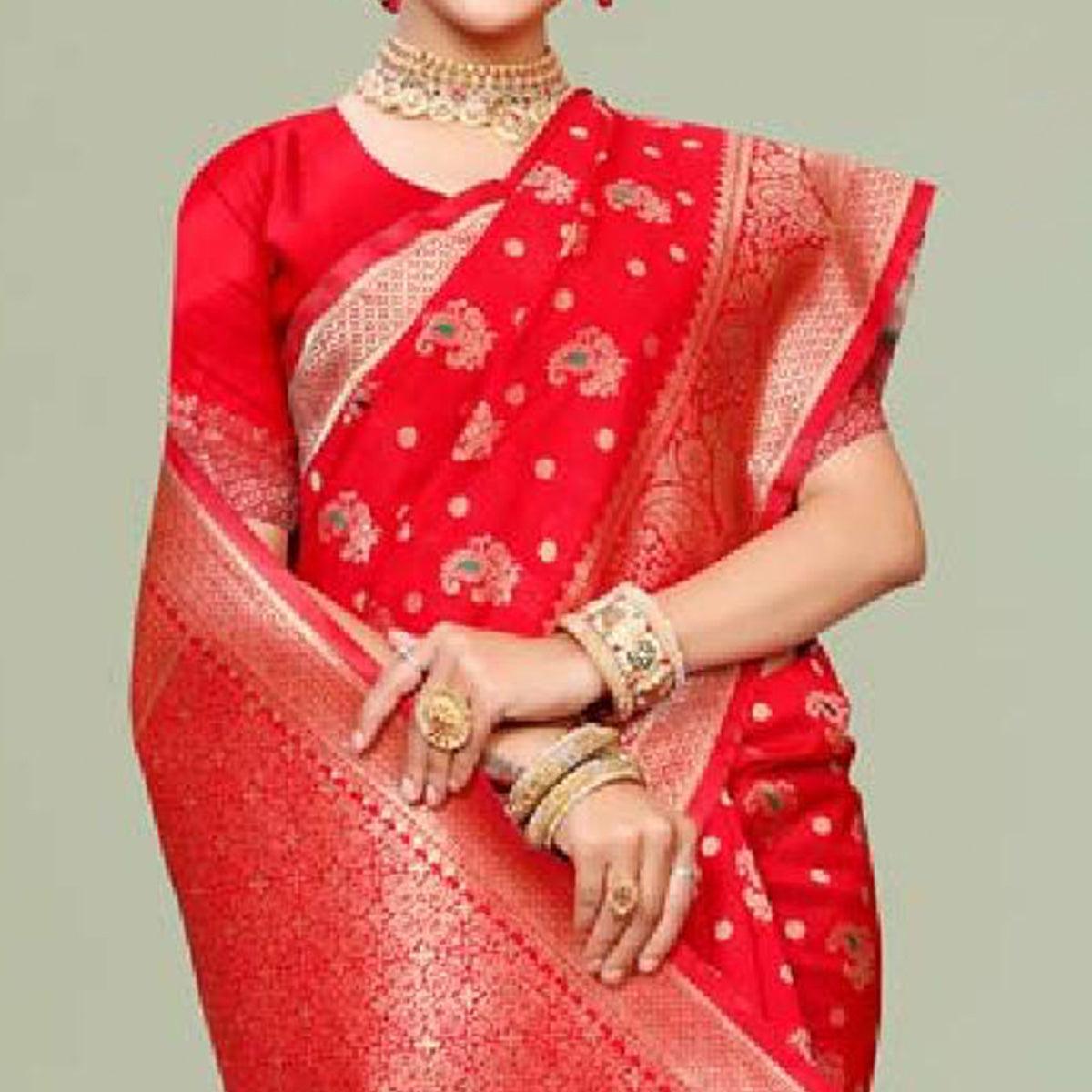 Hypnotic Red Colored Festive Wear Woven Art Silk Saree - Peachmode