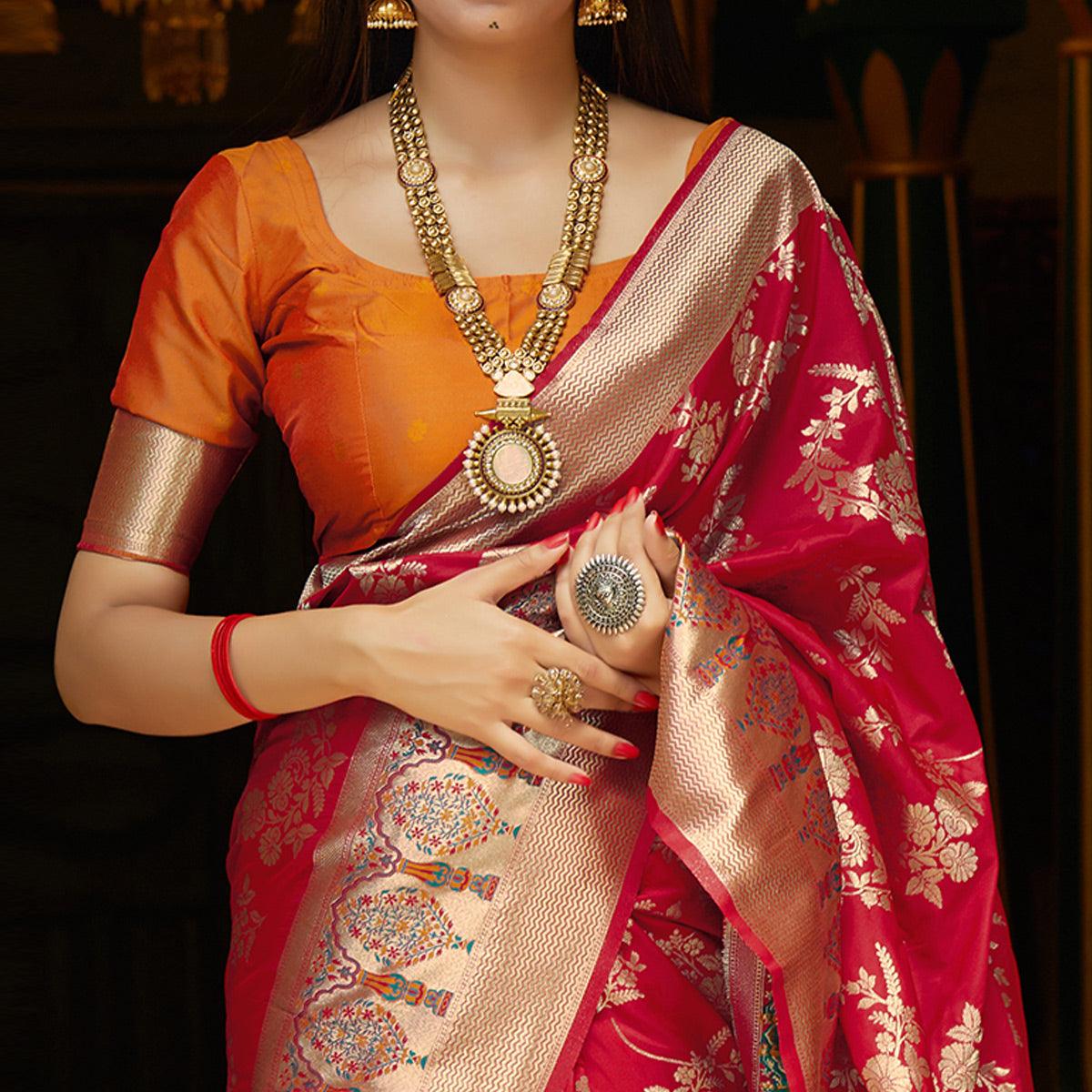 Hypnotic Red Colored Festive Wear Woven Silk Saree - Peachmode