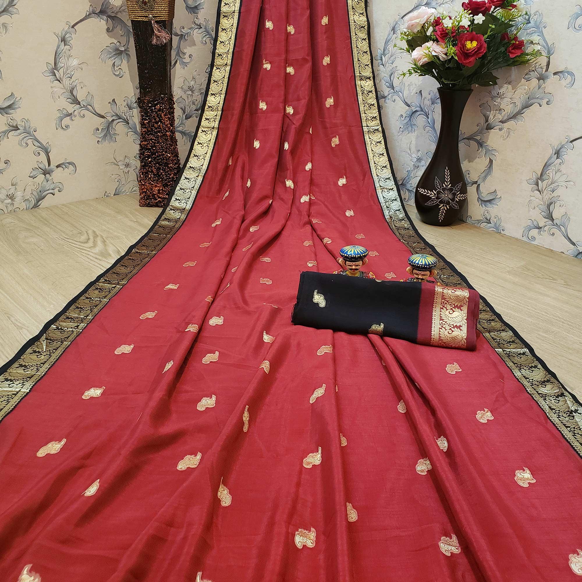Hypnotic Red Colored Festive Wear Woven Soft Vichitra Silk Saree - Peachmode
