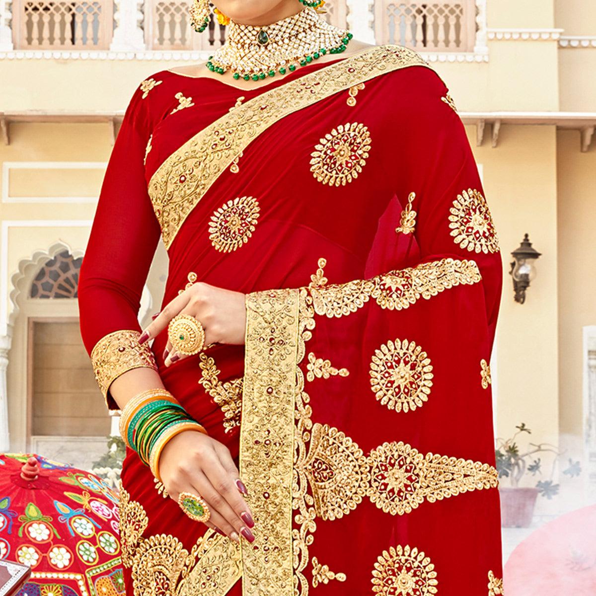 Hypnotic Red Colored Partywear Embroidered Georgette Saree - Peachmode
