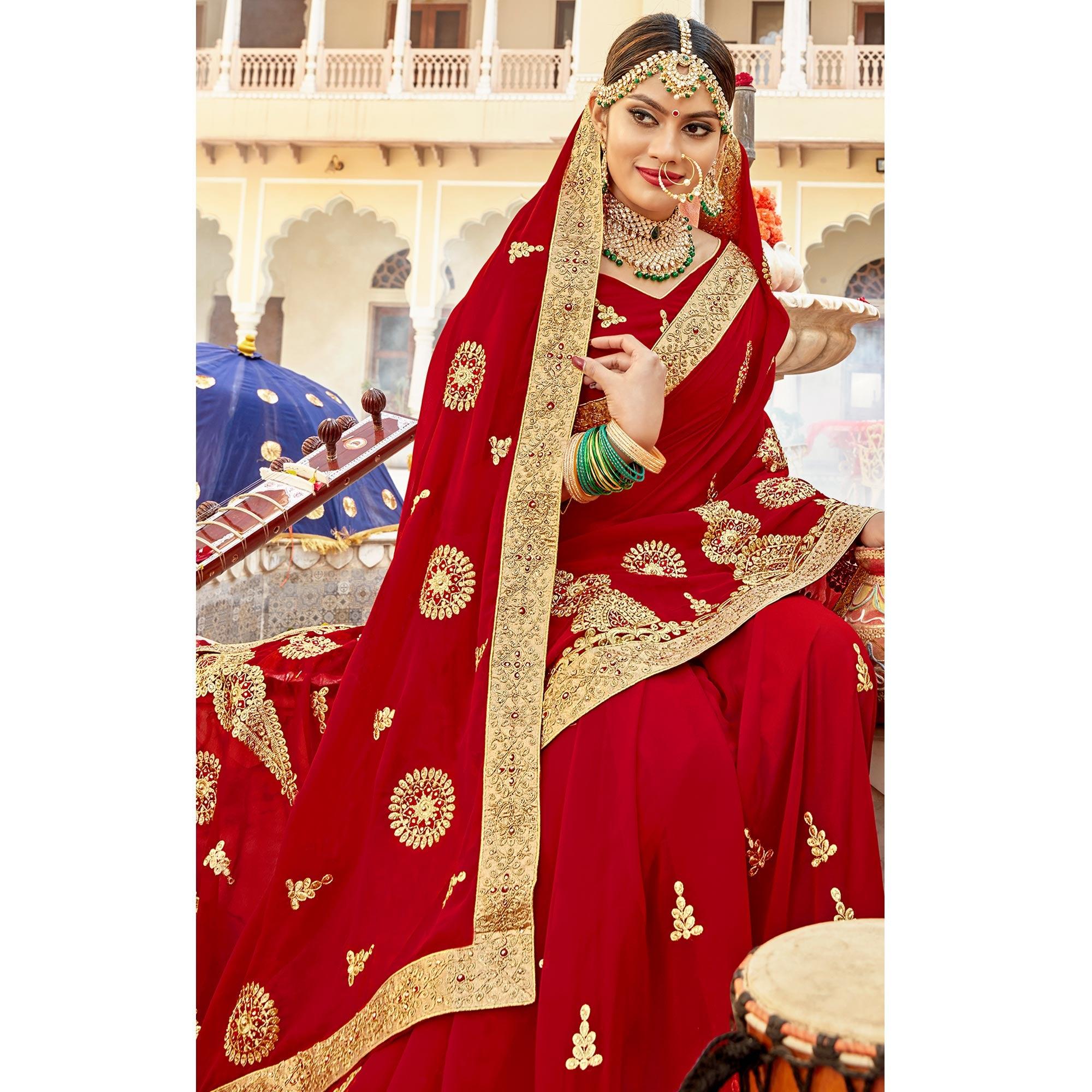 Hypnotic Red Colored Partywear Embroidered Georgette Saree - Peachmode