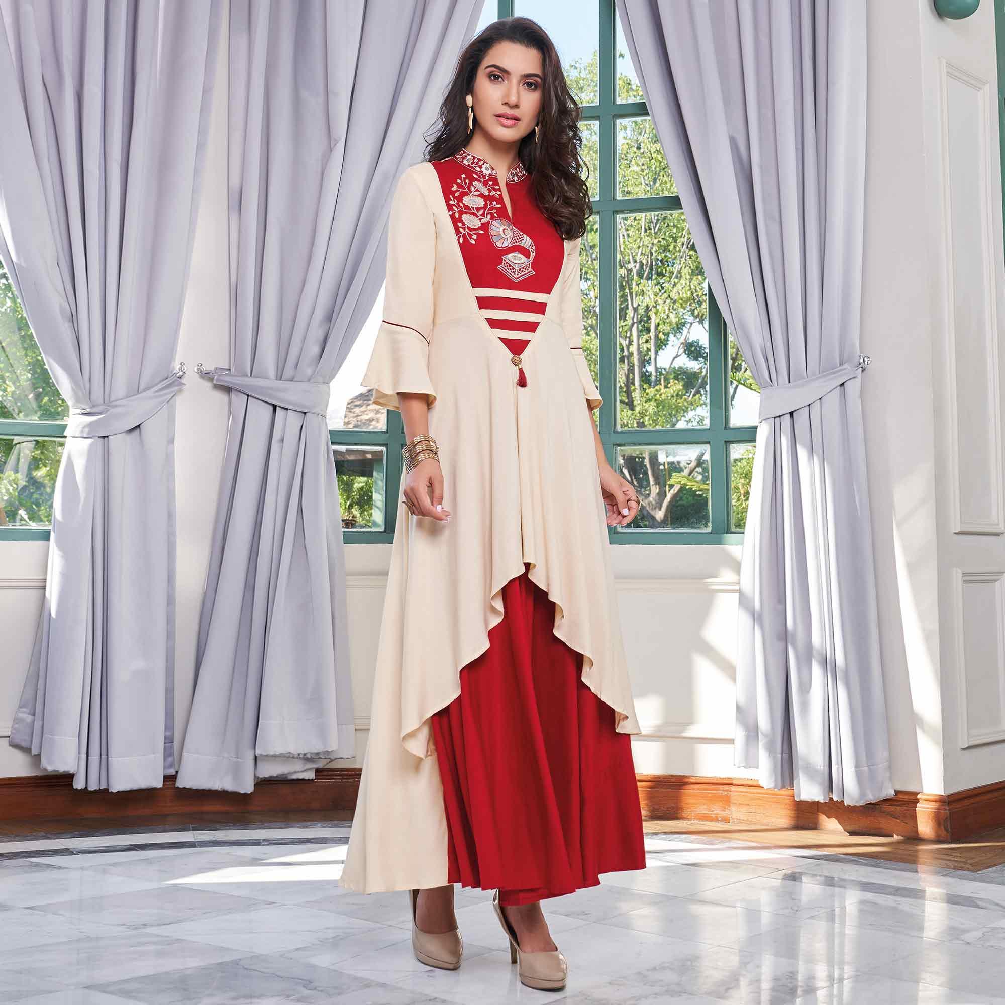 Hypnotic Red-Cream Colored Party Wear Embroidered Rayon Long Kurti - Peachmode