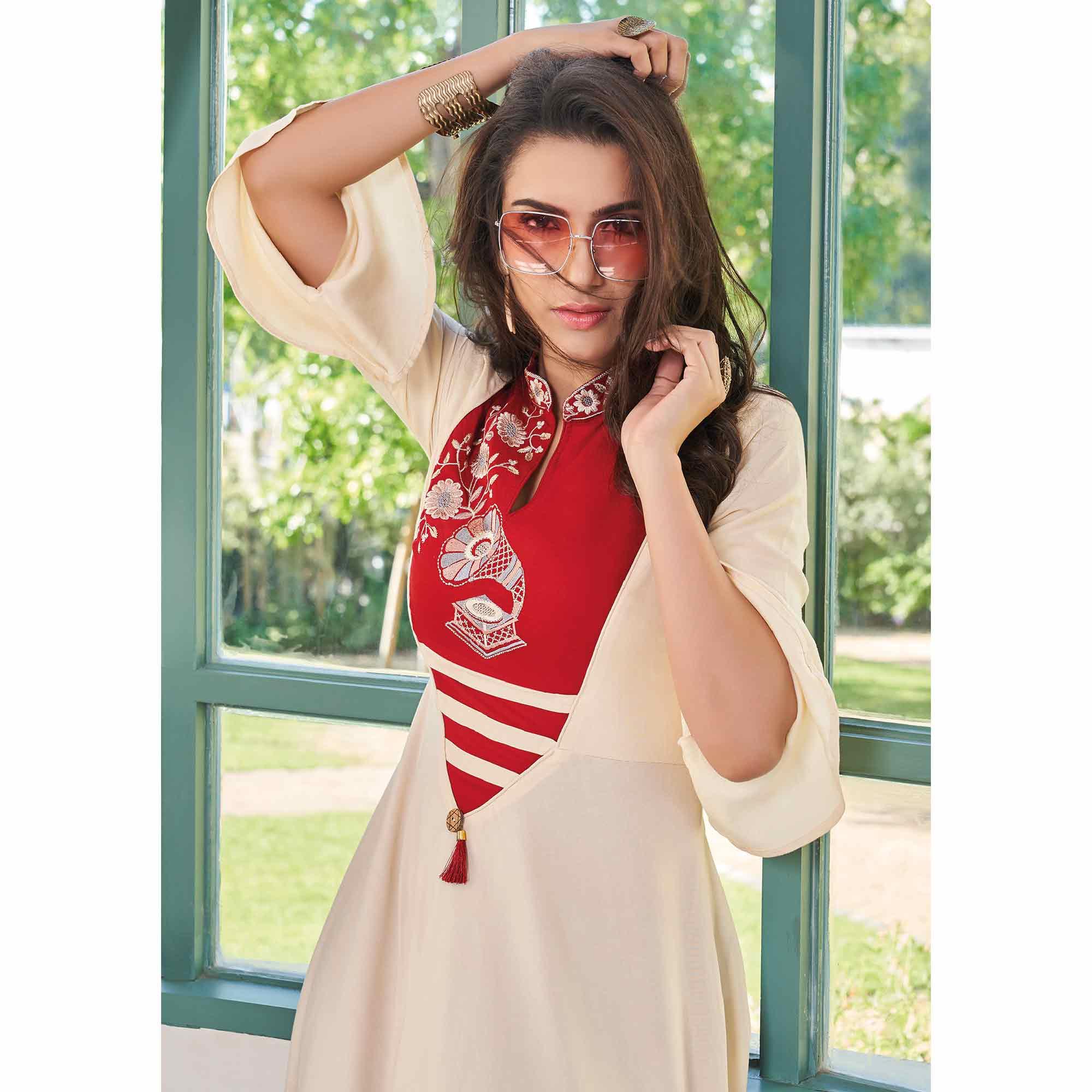Hypnotic Red-Cream Colored Party Wear Embroidered Rayon Long Kurti - Peachmode