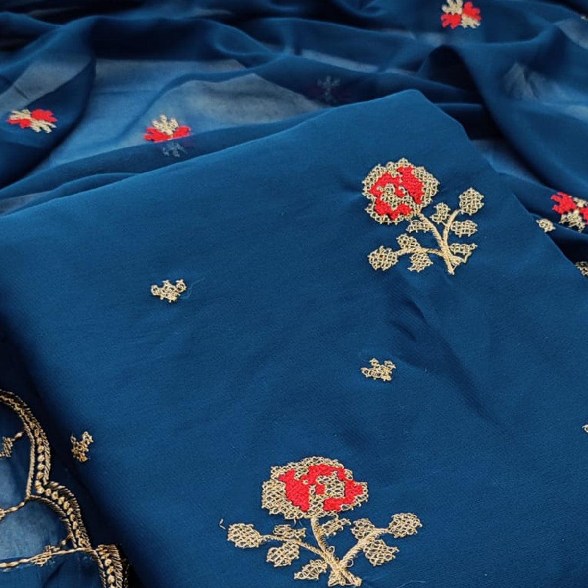 Hypnotic Sky Blue Colored Casual Wear Embroidered Georgette Dress Material - Peachmode