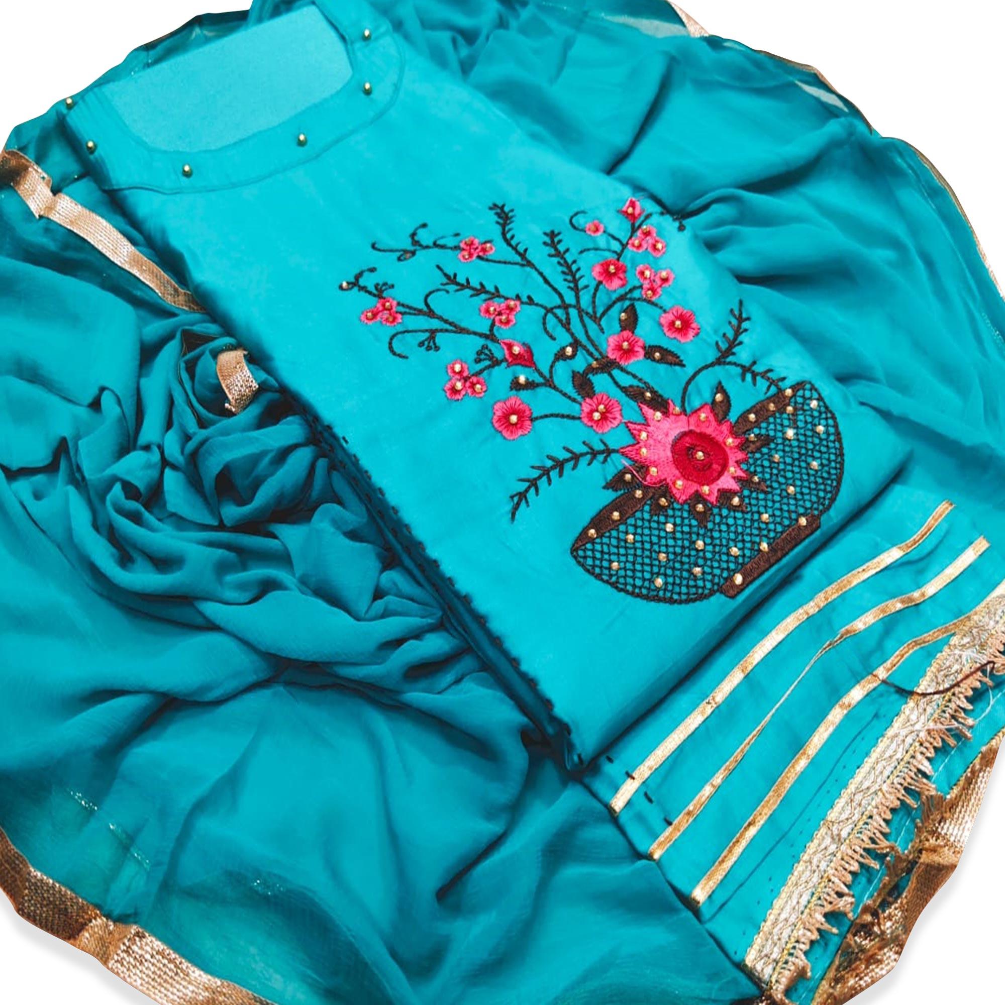 Hypnotic Sky Blue Colored Casual Wear Floral Embroidered Cotton Dress Material - Peachmode