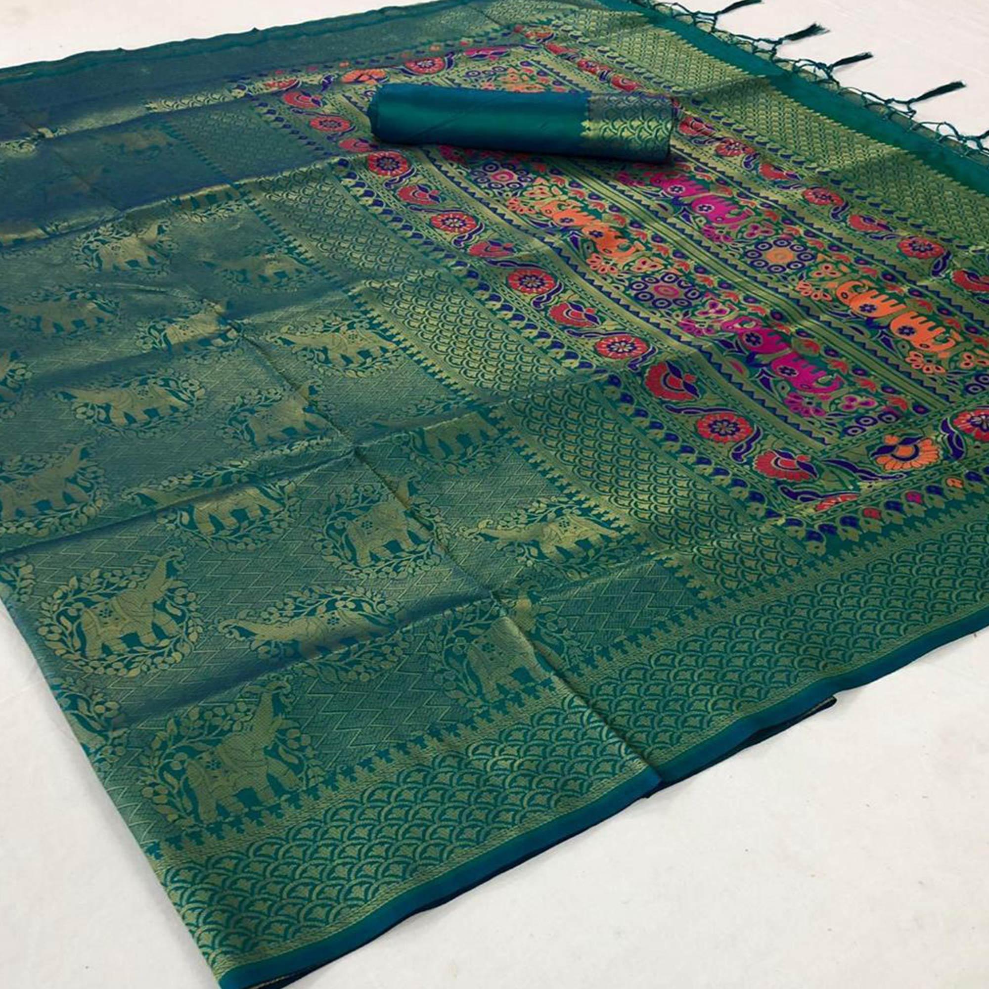 Hypnotic Turquoise Green Colored Festive Wear Woven Pure Soft Silk Saree - Peachmode