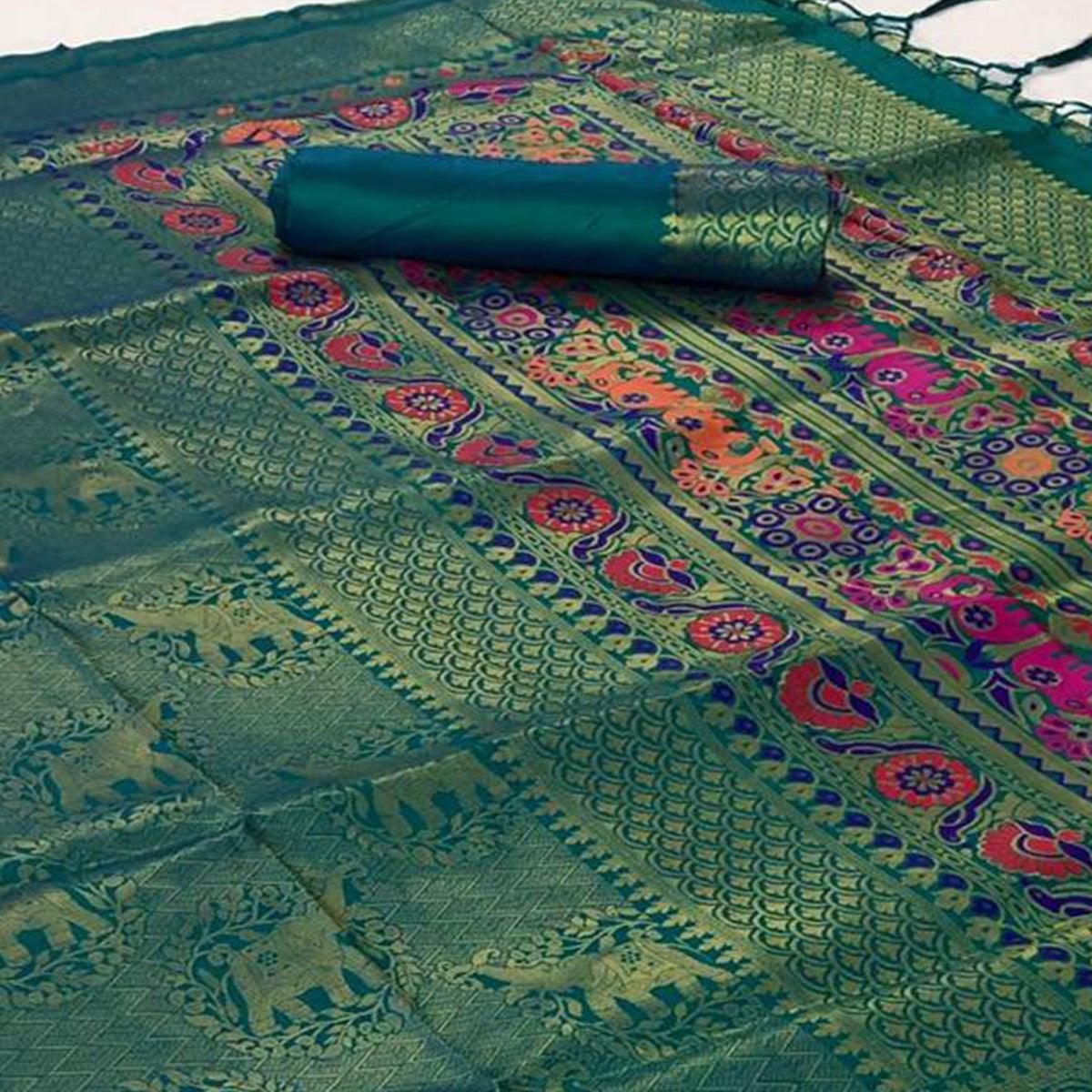 Hypnotic Turquoise Green Colored Festive Wear Woven Pure Soft Silk Saree - Peachmode