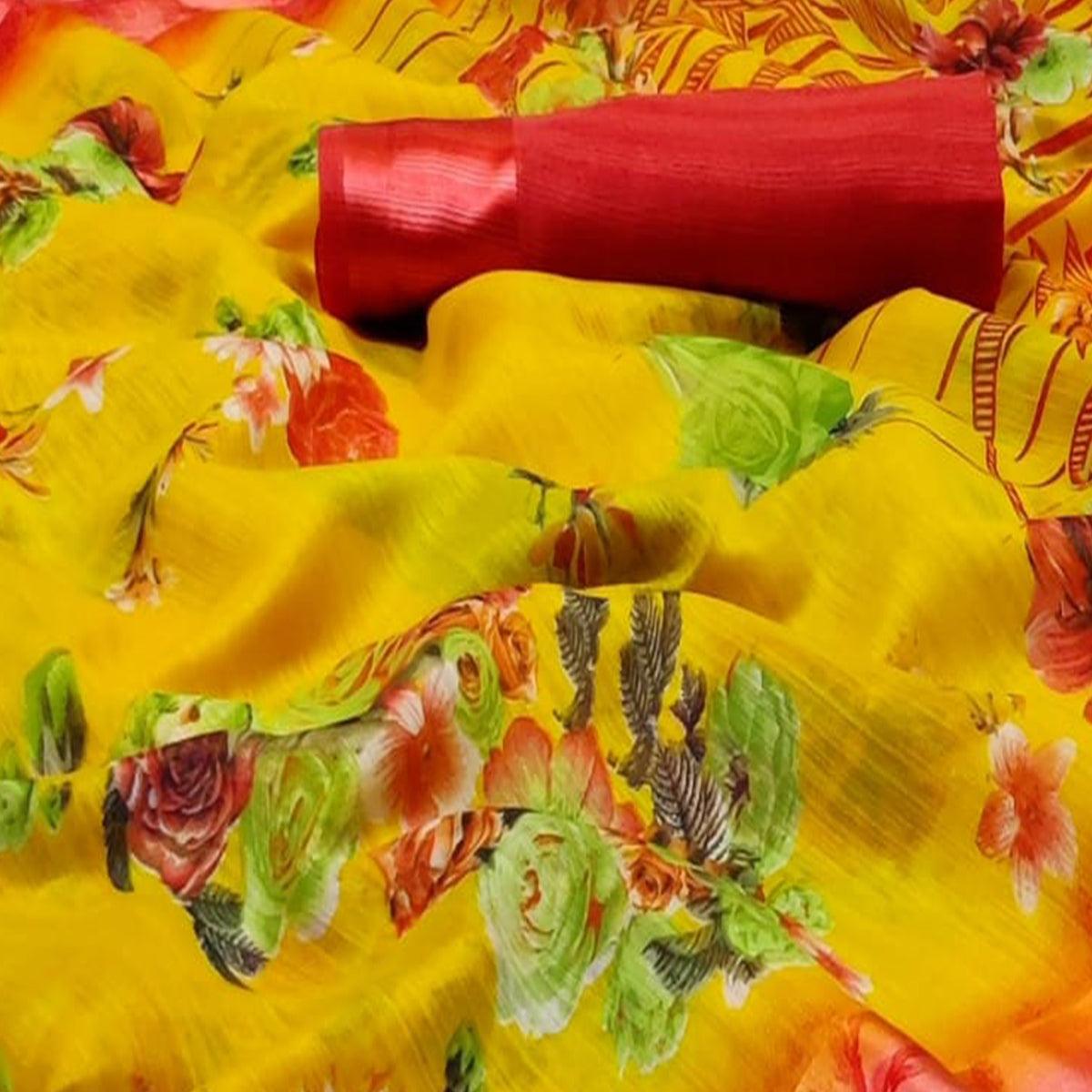 Hypnotic Yellow Colored Casual Wear Fancy Printed Linen Saree - Peachmode