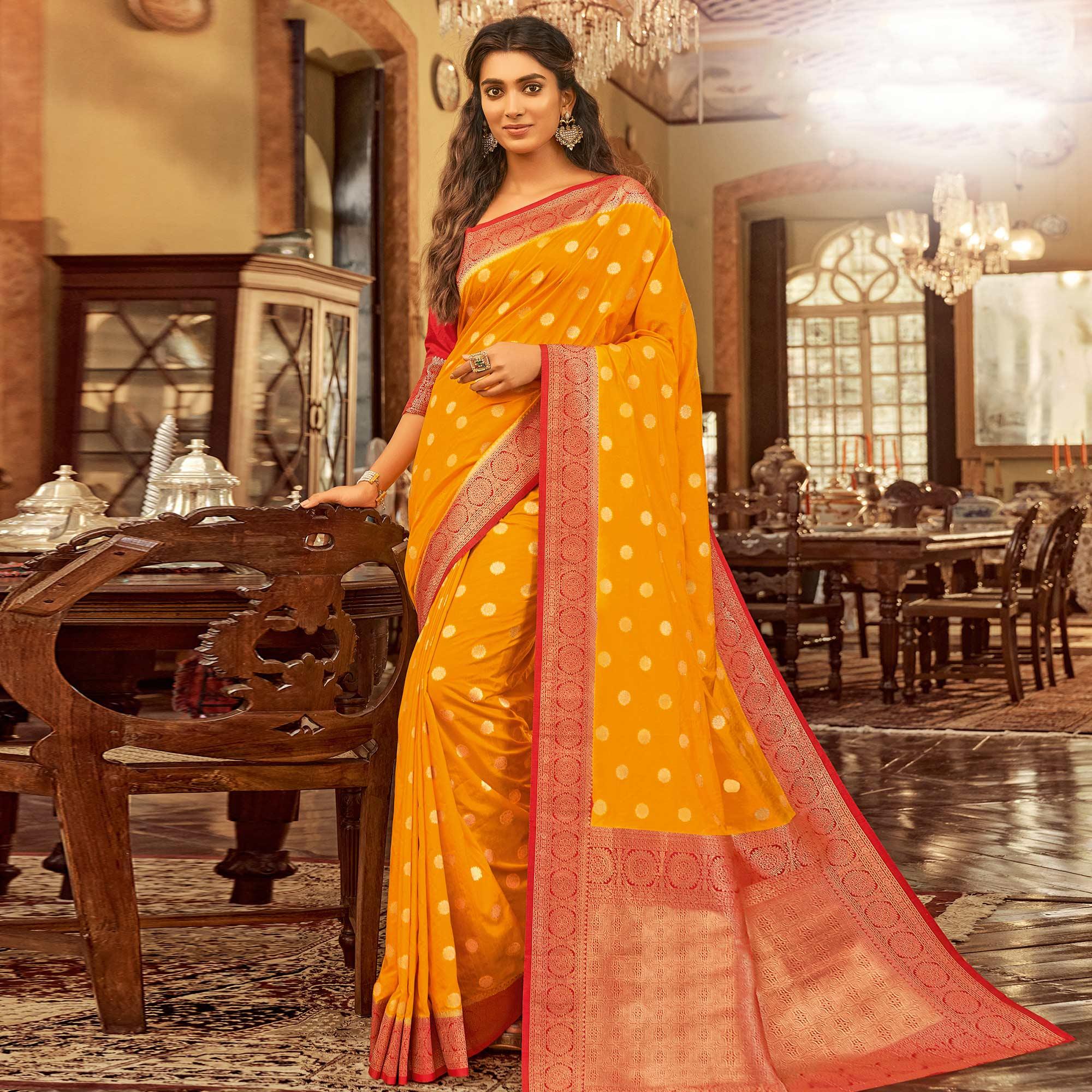 Hypnotic Yellow Colored Festive Wear Woven Chanderi Cotton Saree - Peachmode