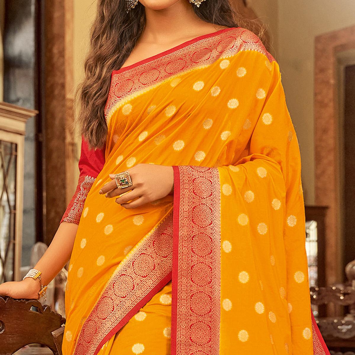 Hypnotic Yellow Colored Festive Wear Woven Chanderi Cotton Saree - Peachmode