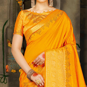 Hypnotic Yellow Colored Festive Wear Woven Silk Saree - Peachmode