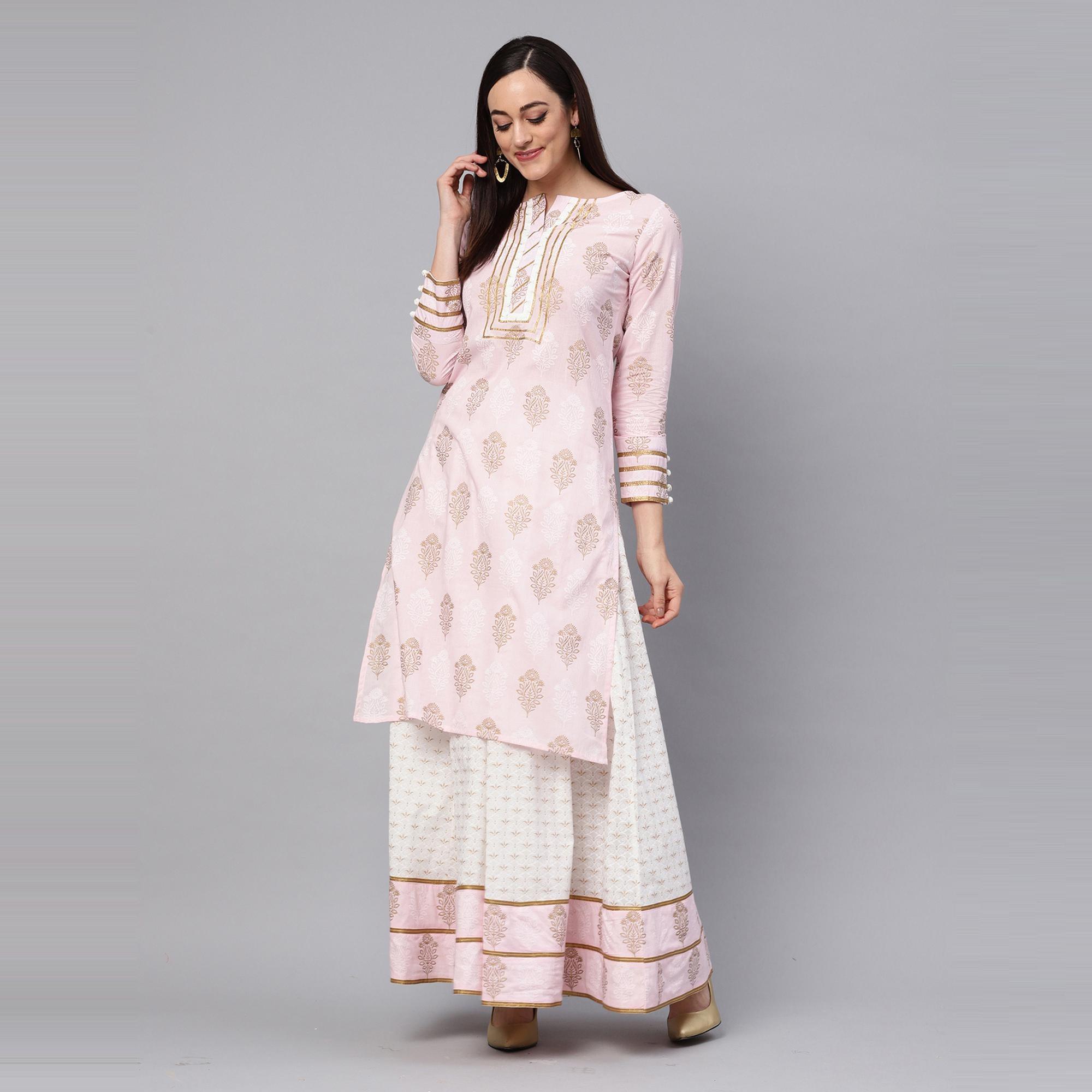 Idalia - Baby Pink Printed Kurta With Gold Print Skirt - Peachmode