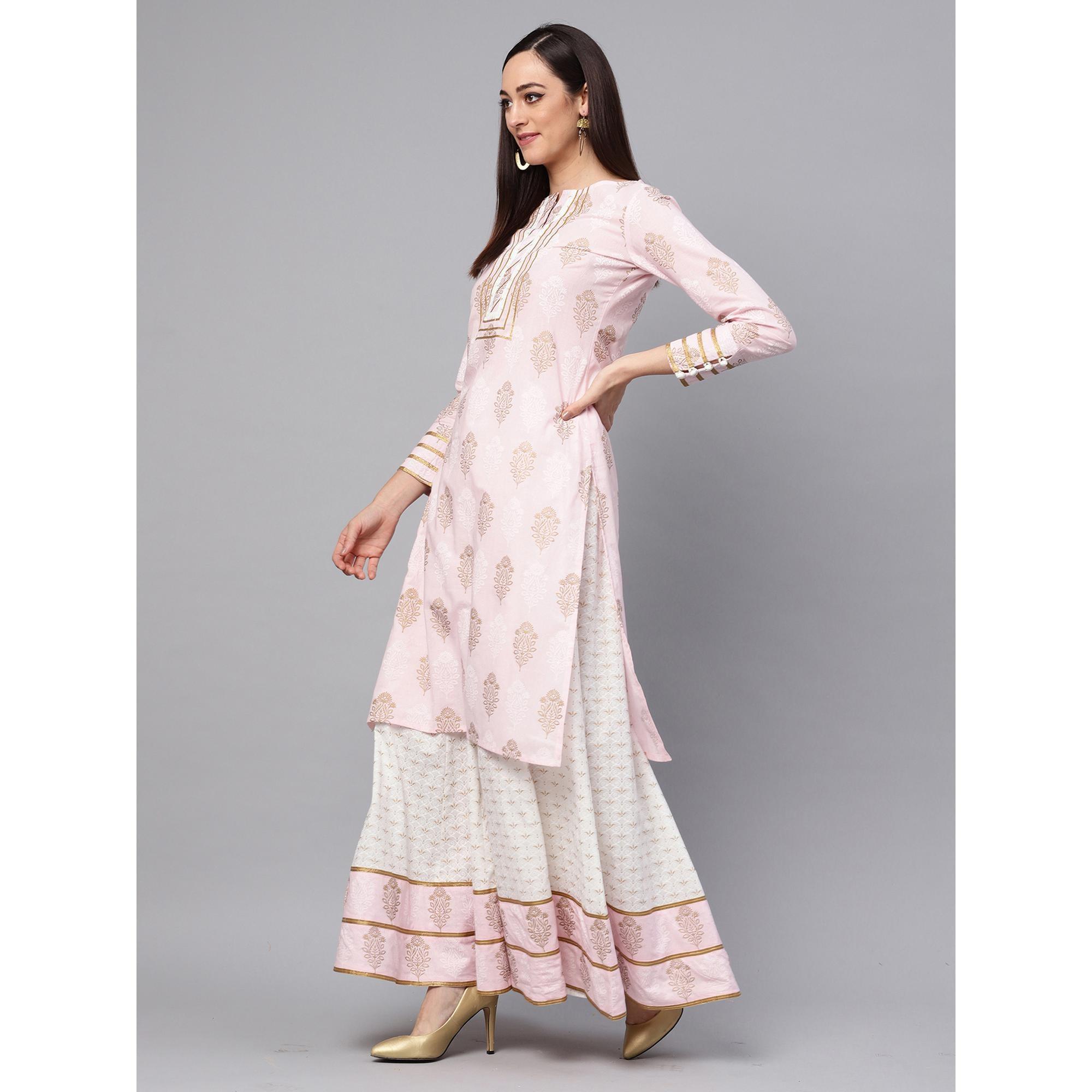 Idalia - Baby Pink Printed Kurta With Gold Print Skirt - Peachmode