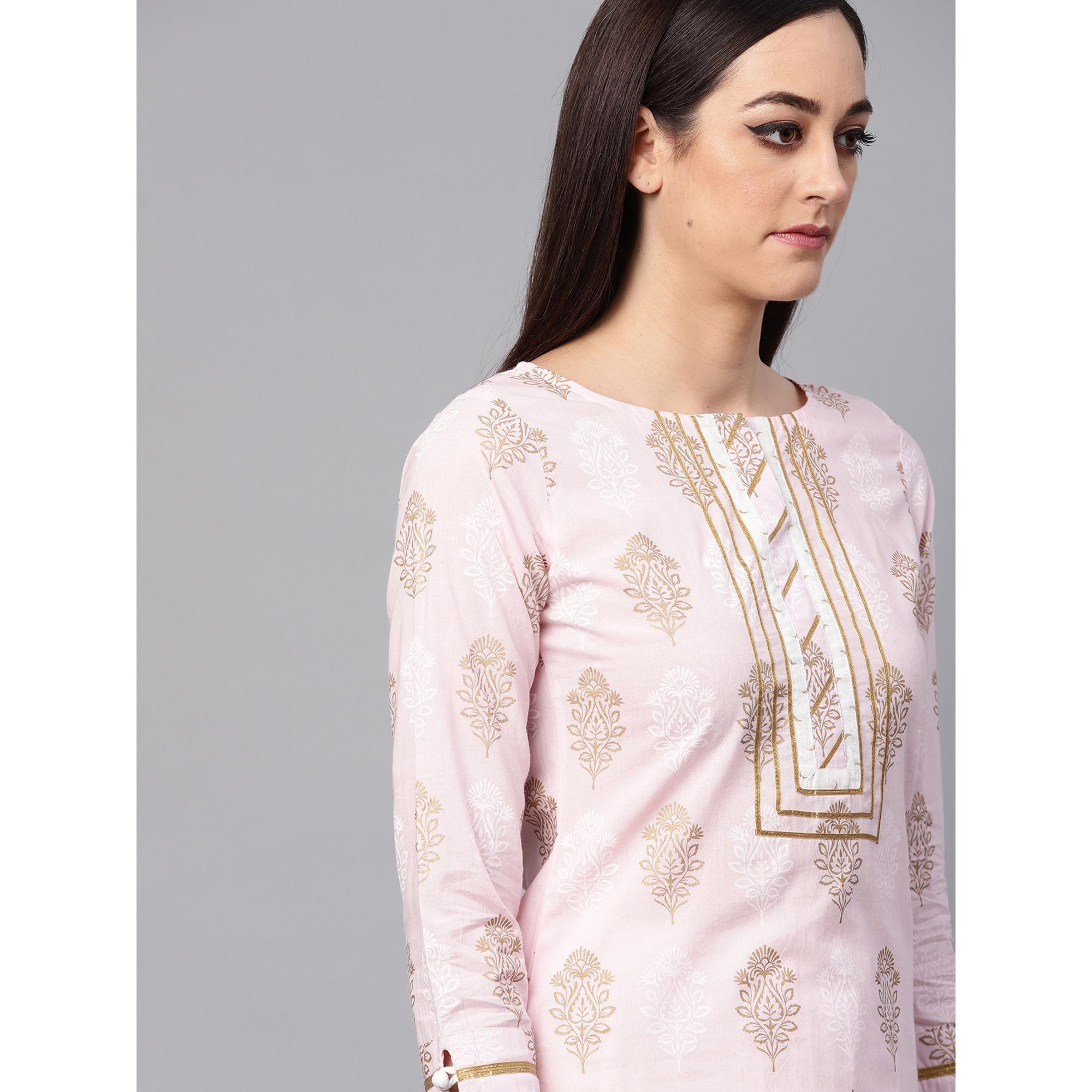 Idalia - Baby Pink Printed Kurta With Gold Print Skirt - Peachmode
