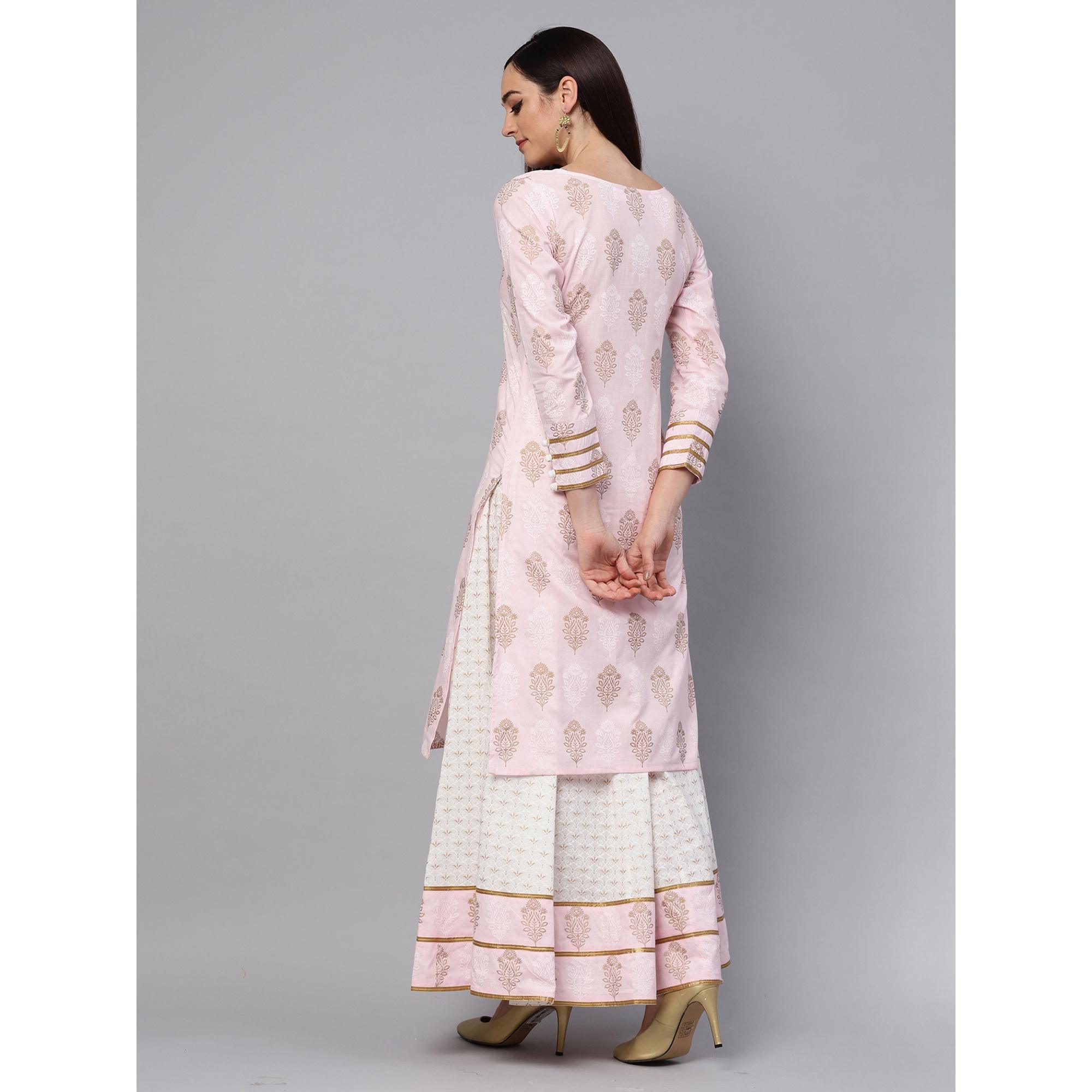Idalia - Baby Pink Printed Kurta With Gold Print Skirt - Peachmode