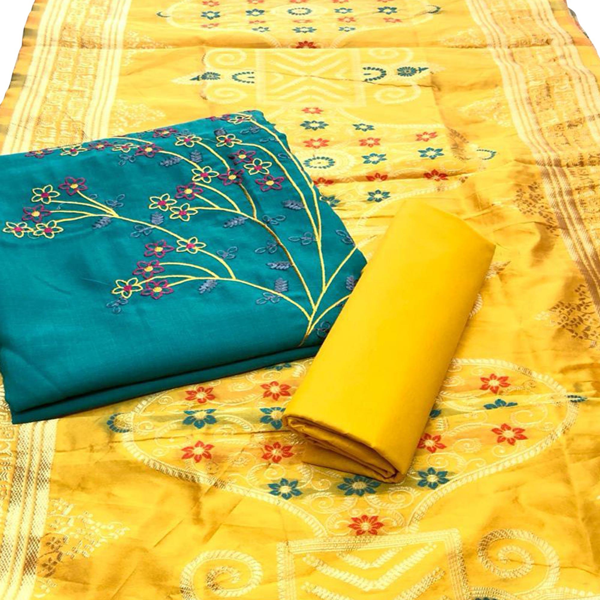Ideal Aqua Green Colored Casual Wear Embroidered Cotton Dress Material With Banarasi Silk Dupatta - Peachmode