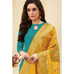 Ideal Aqua Green Colored Casual Wear Embroidered Cotton Dress Material With Banarasi Silk Dupatta - Peachmode