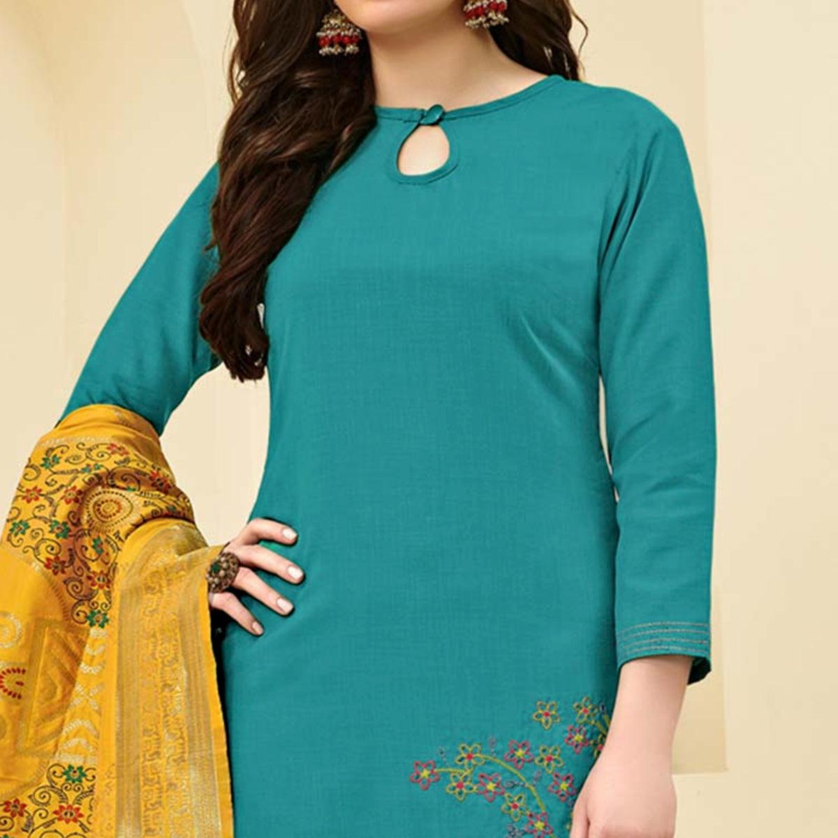 Ideal Aqua Green Colored Casual Wear Embroidered Cotton Dress Material With Banarasi Silk Dupatta - Peachmode
