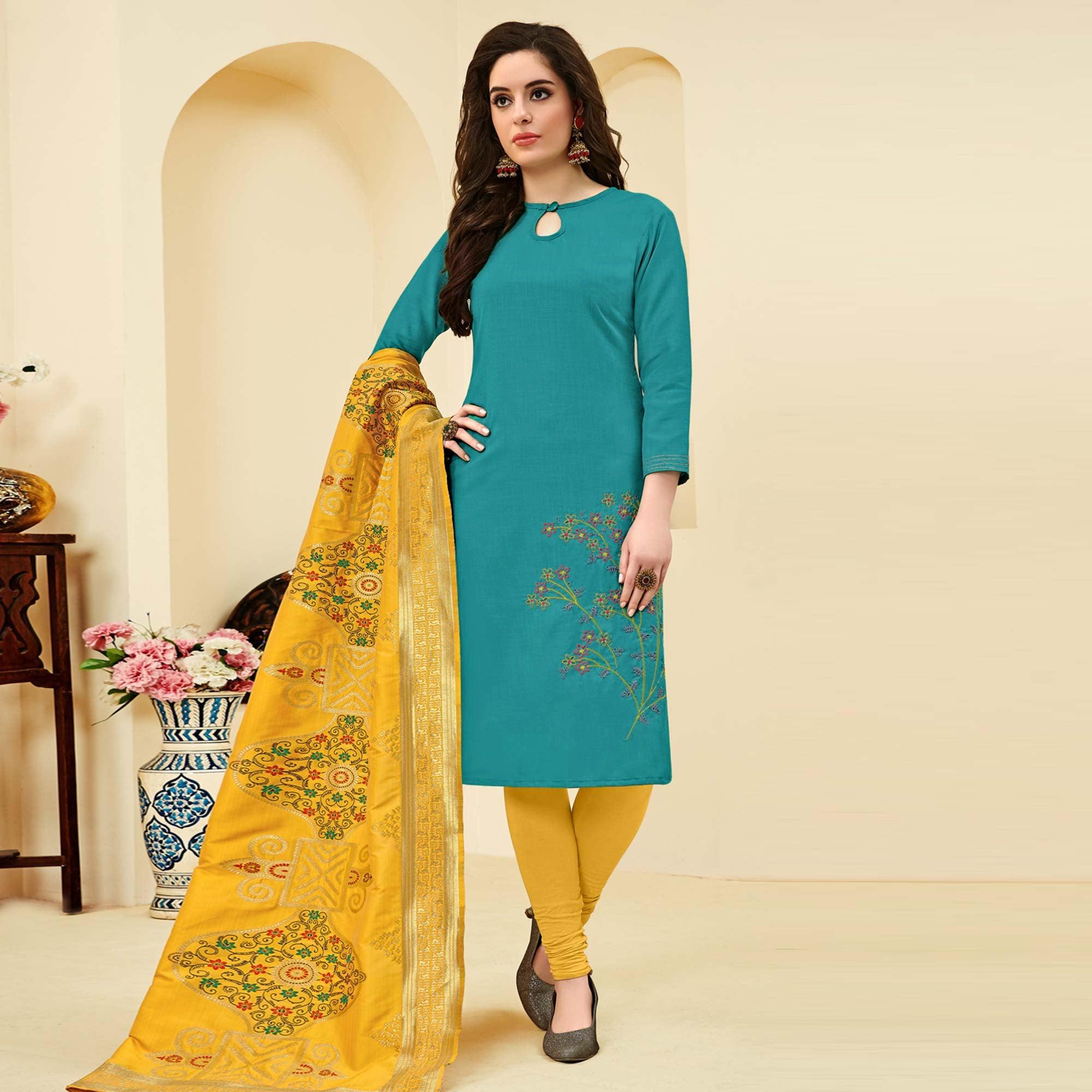 Ideal Aqua Green Colored Casual Wear Embroidered Cotton Dress Material With Banarasi Silk Dupatta - Peachmode