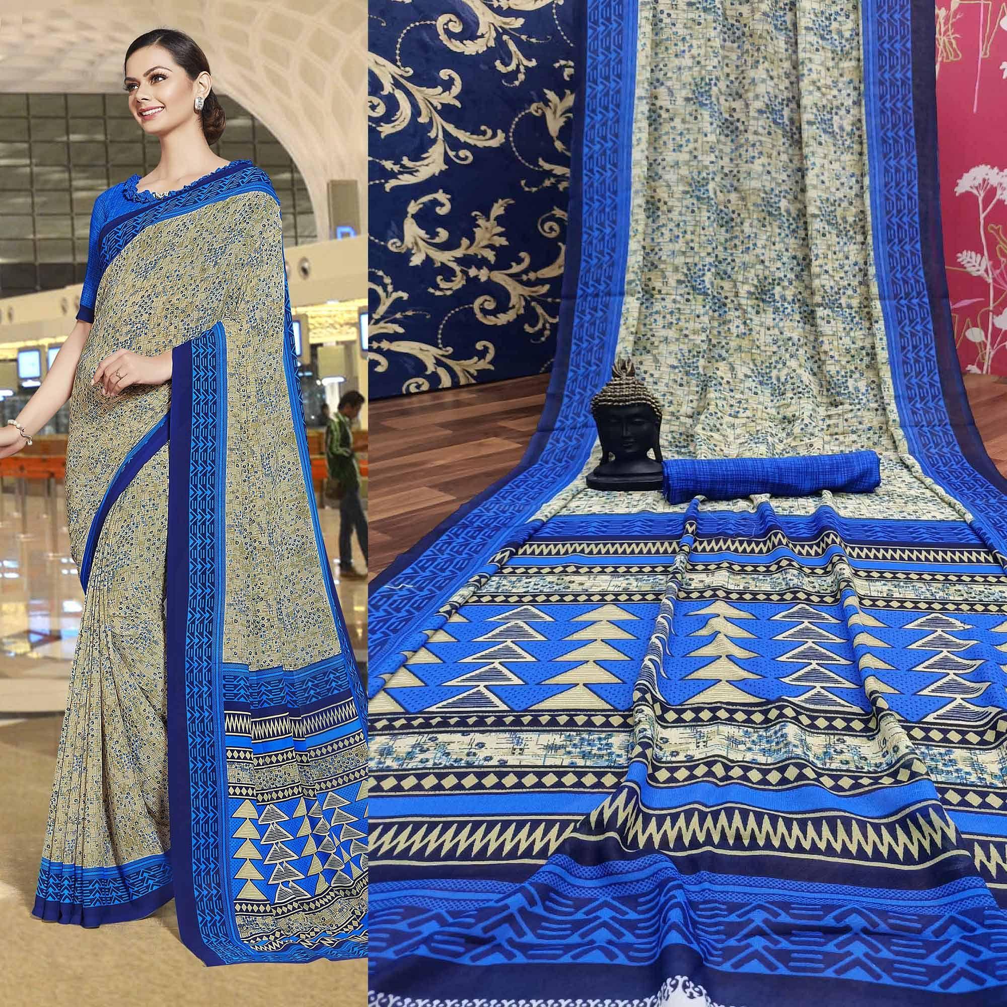 Ideal Beige-Blue Colored Casual Printed Georgette Saree - Peachmode
