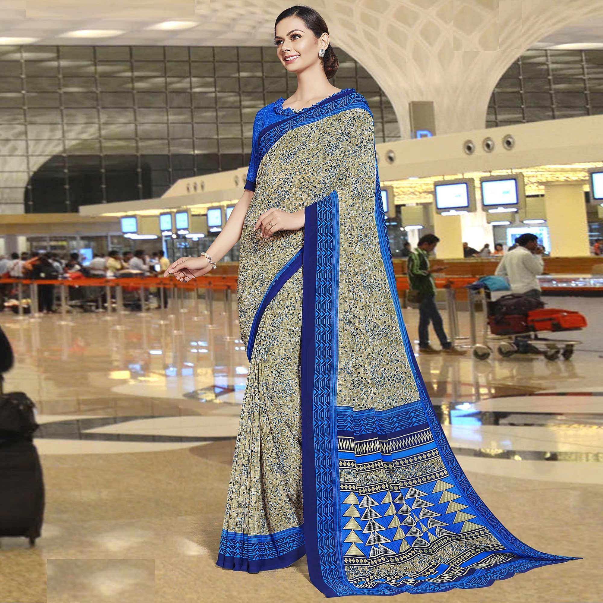 Ideal Beige-Blue Colored Casual Printed Georgette Saree - Peachmode