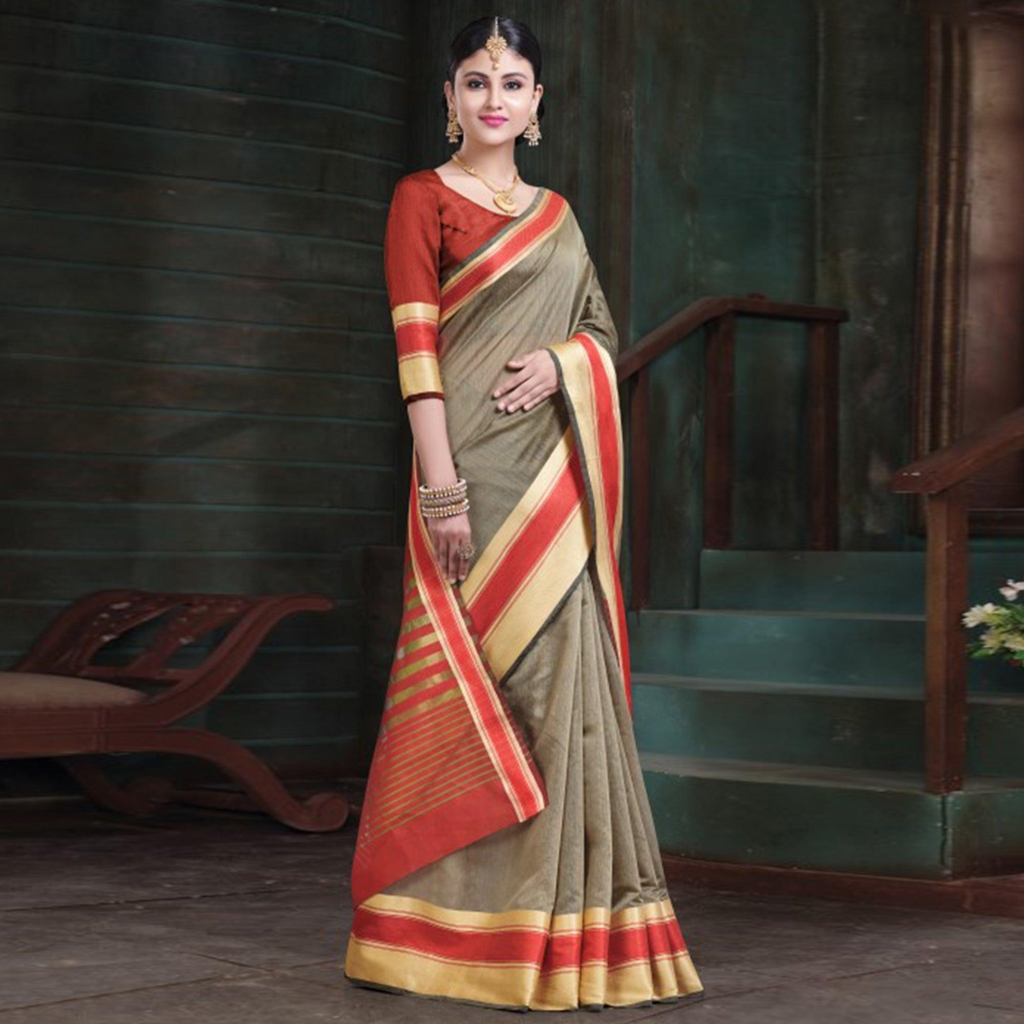 Ideal Beige Colored Festive Wear Woven Cotton Handloom Saree - Peachmode