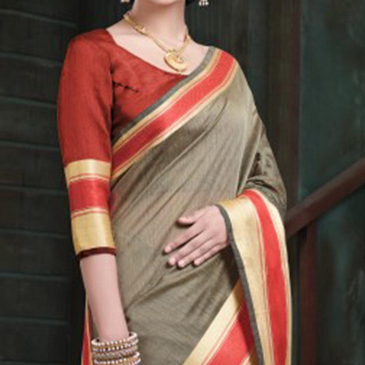 Ideal Beige Colored Festive Wear Woven Cotton Handloom Saree - Peachmode
