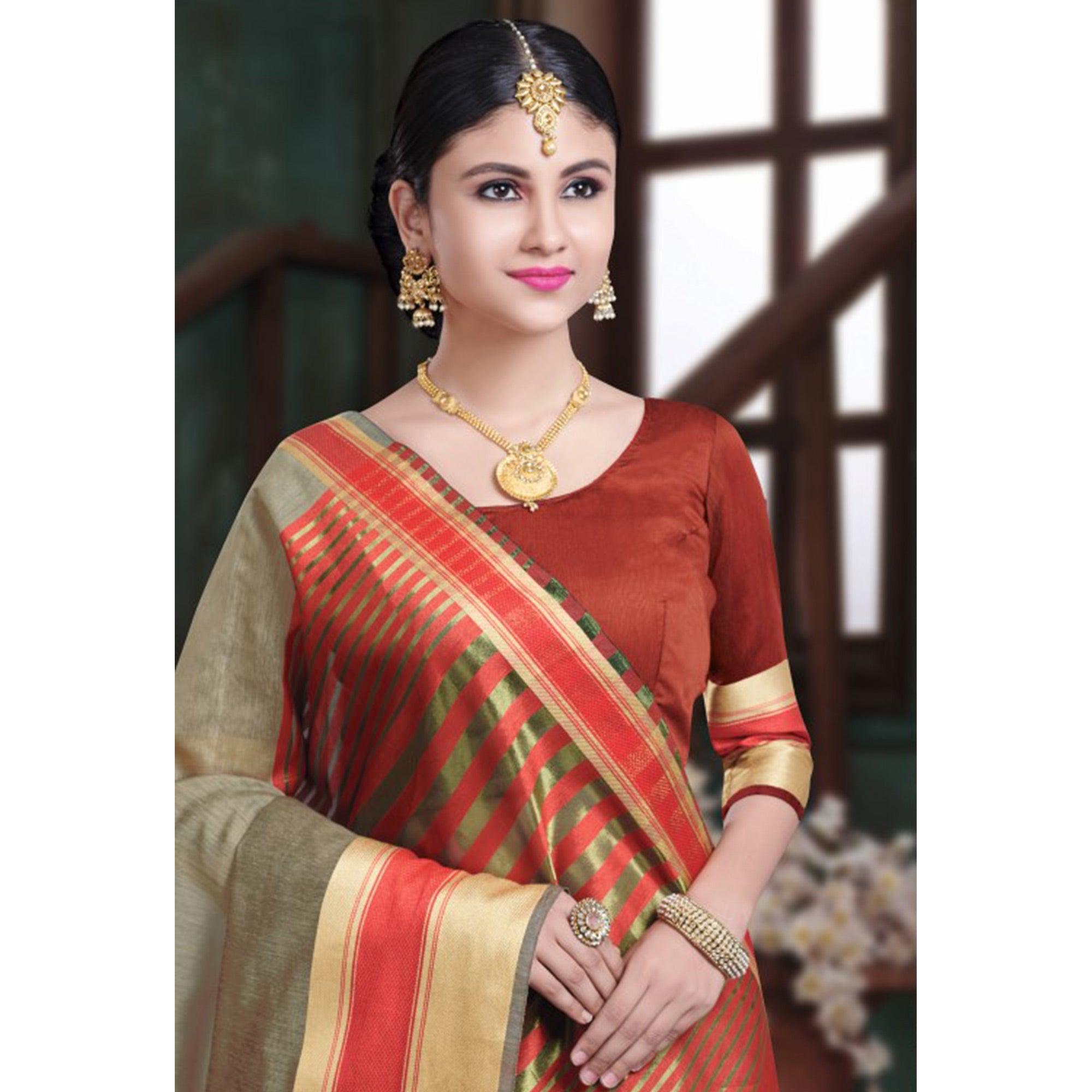 Ideal Beige Colored Festive Wear Woven Cotton Handloom Saree - Peachmode