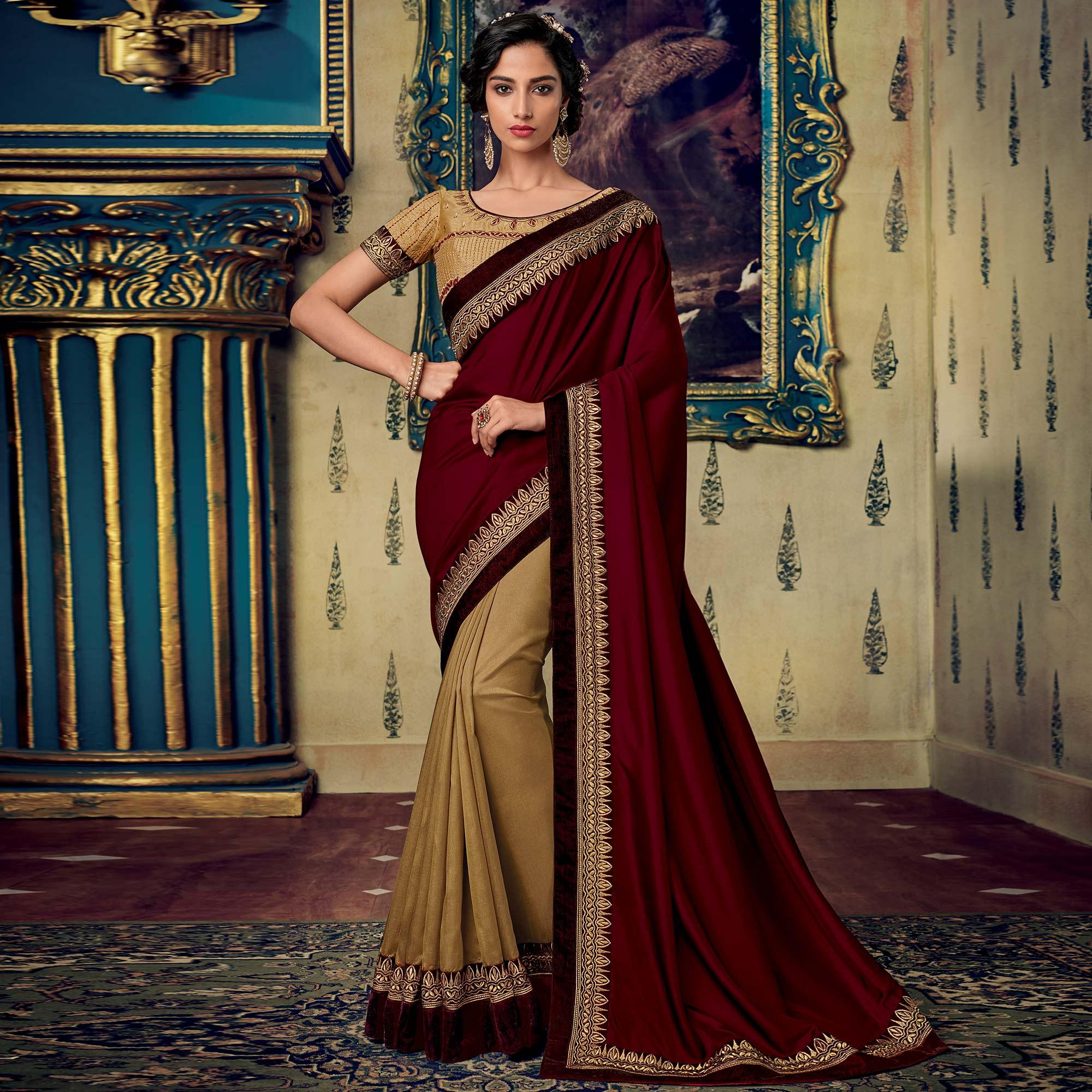Ideal Beige-Maroon Colored Partywear Embroidered Half & Half Silk Saree - Peachmode