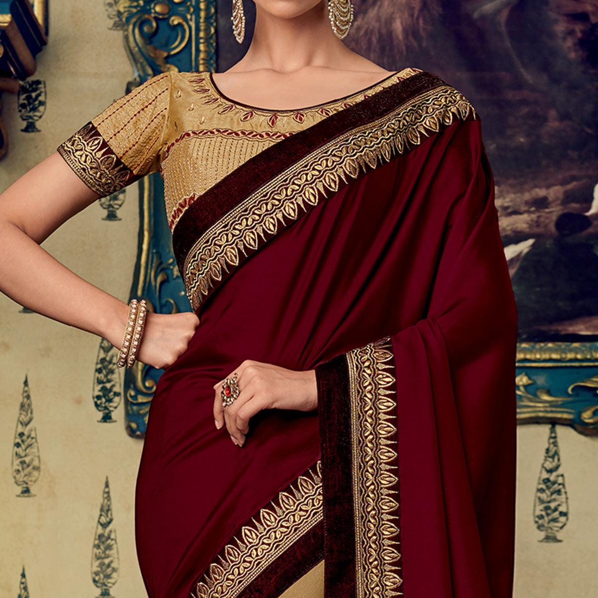 Ideal Beige-Maroon Colored Partywear Embroidered Half & Half Silk Saree - Peachmode
