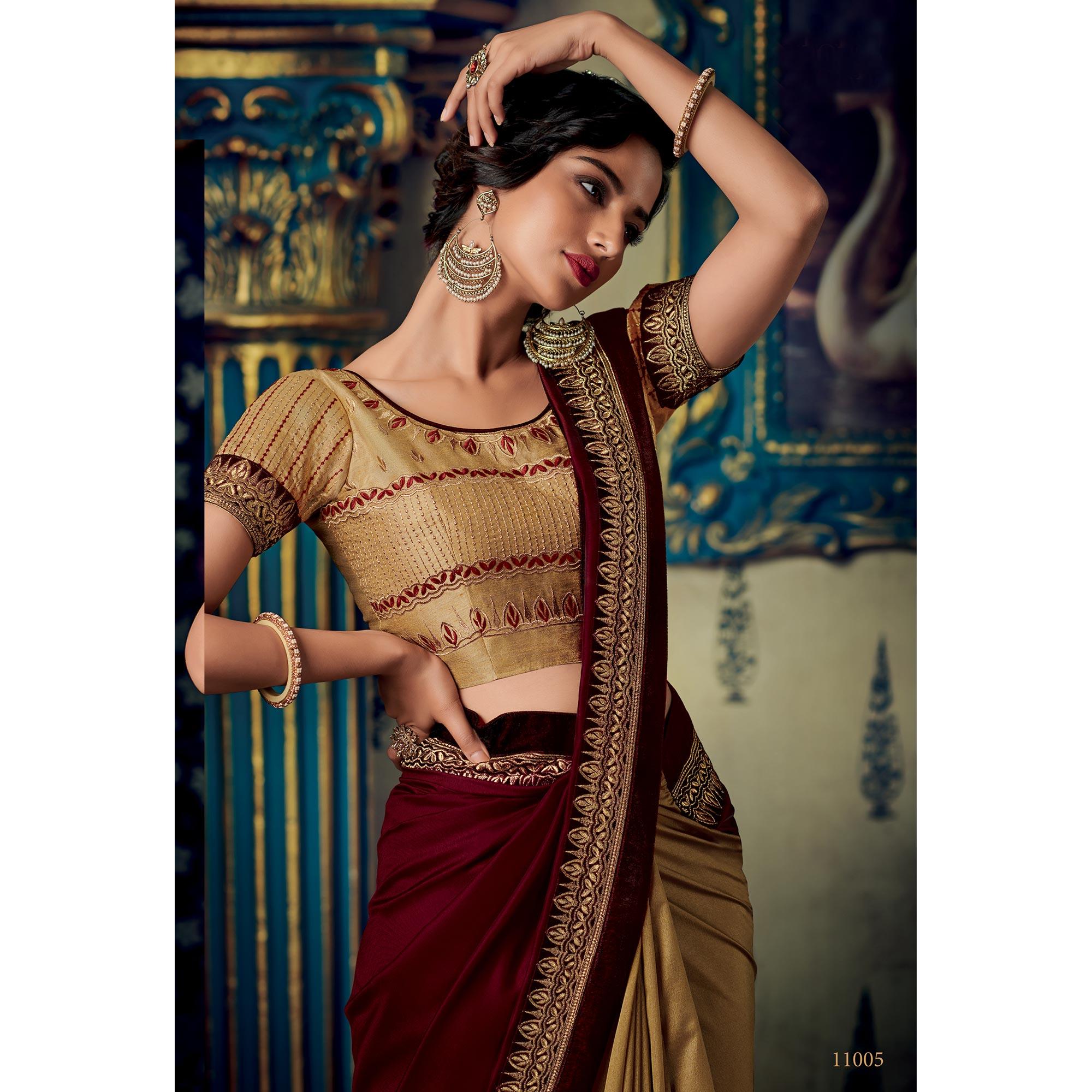 Ideal Beige-Maroon Colored Partywear Embroidered Half & Half Silk Saree - Peachmode