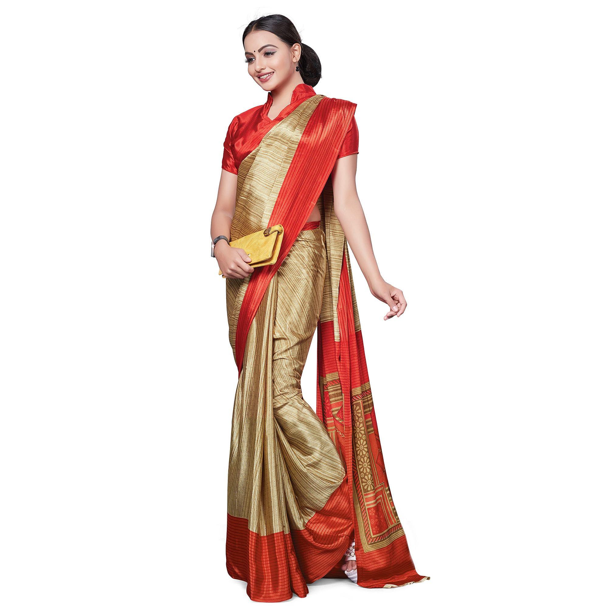 Ideal Beige-Red Colored Casual Wear Printed Crepe Saree - Peachmode