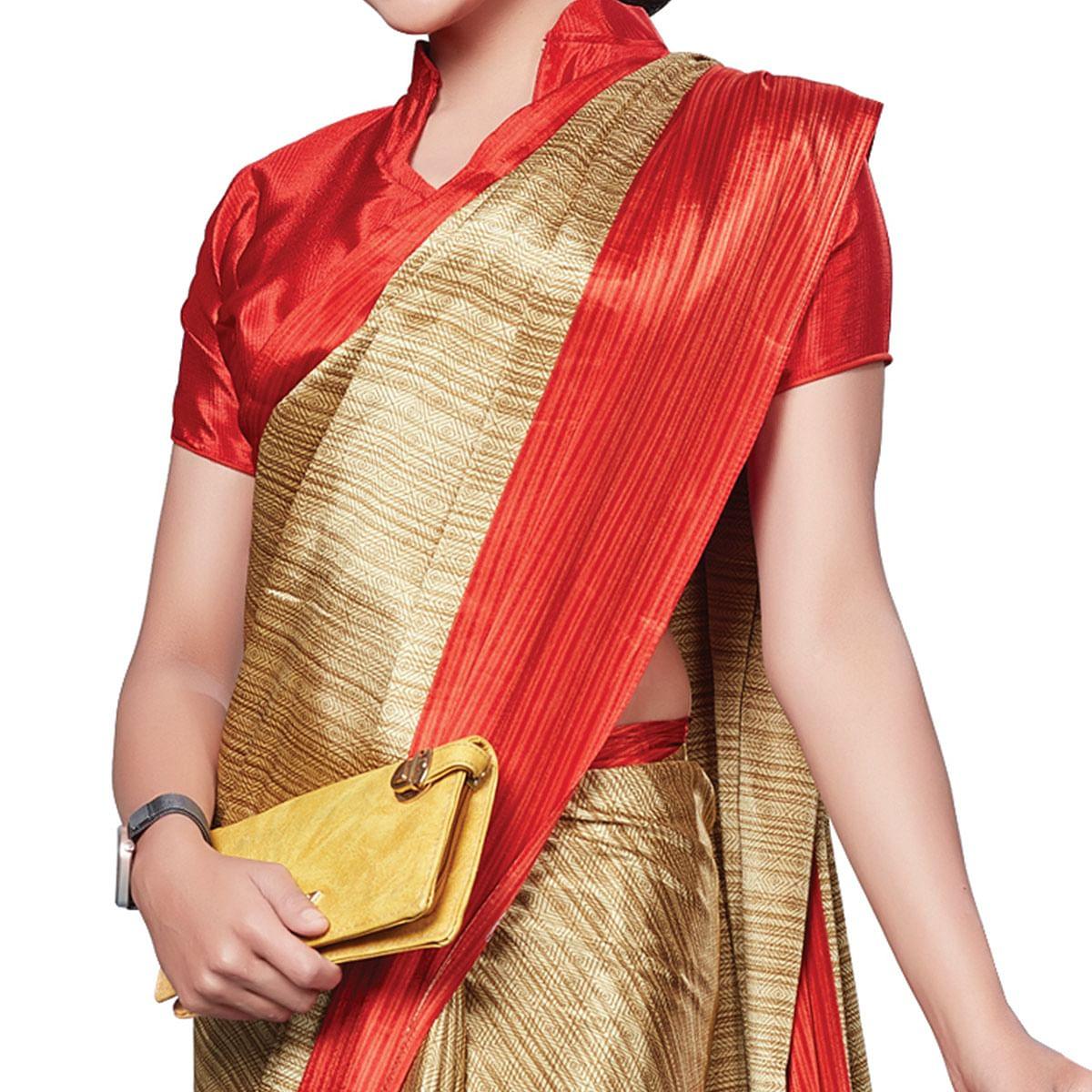 Ideal Beige-Red Colored Casual Wear Printed Crepe Saree - Peachmode