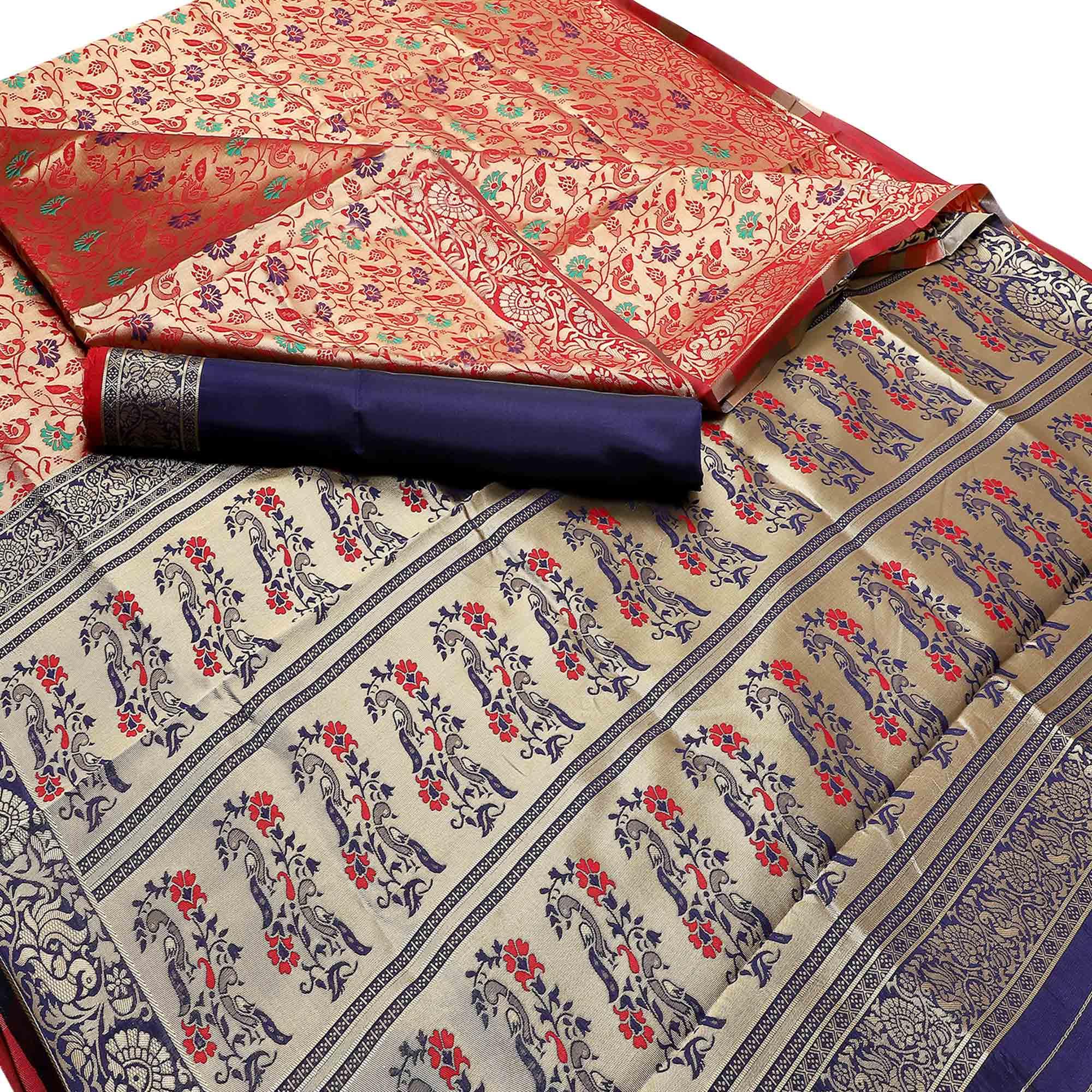 Ideal Beige-Red Colored Festive Wear Woven Banarasi Art Silk Saree - Peachmode