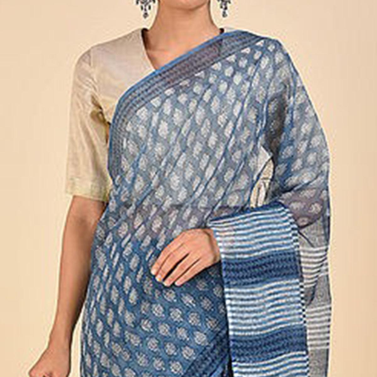 Ideal Blue Colored Casual Printed Silk Saree - Peachmode