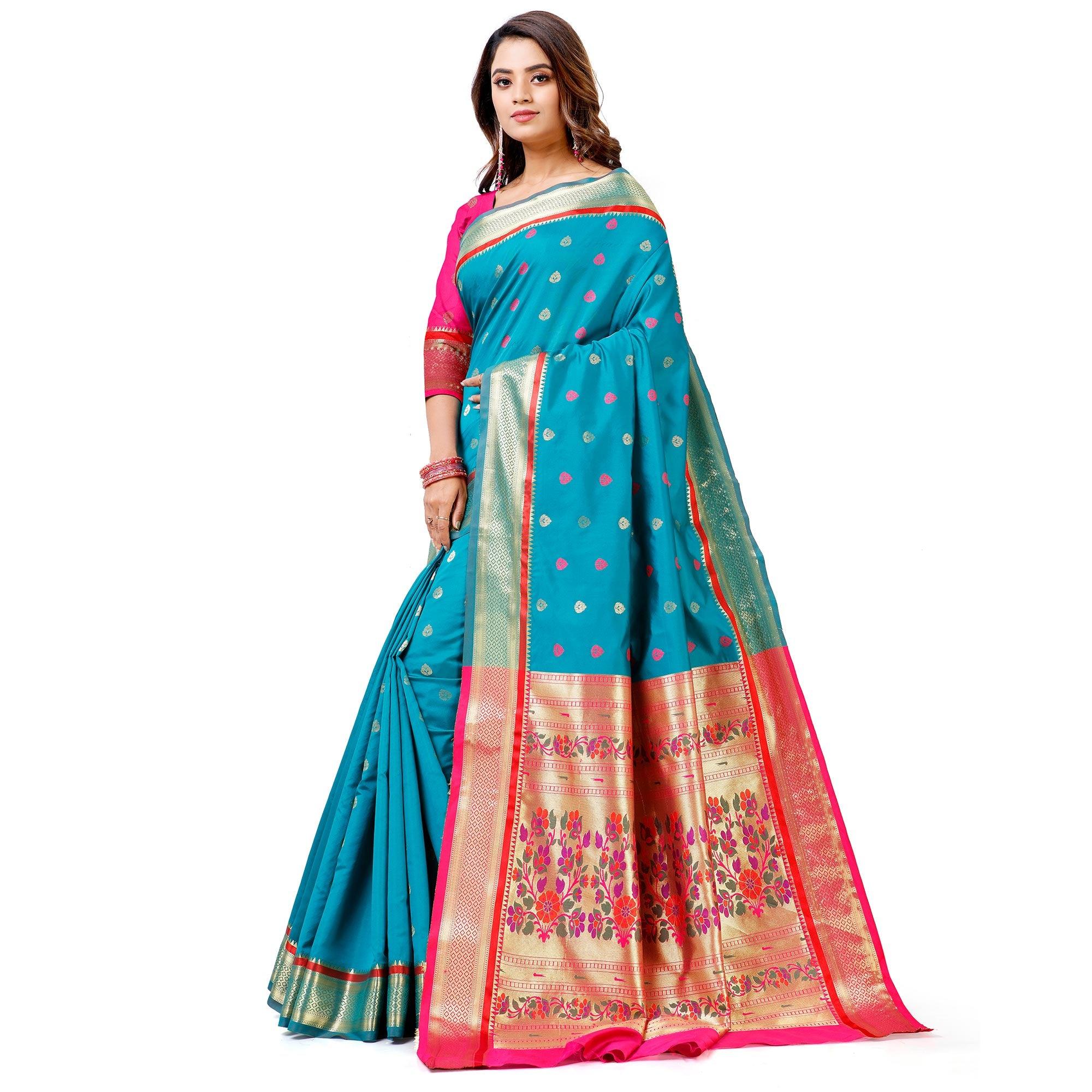 Ideal Blue Colored Festive Wear Woven Banarasi Art Silk Saree With Paithani Pallu - Peachmode