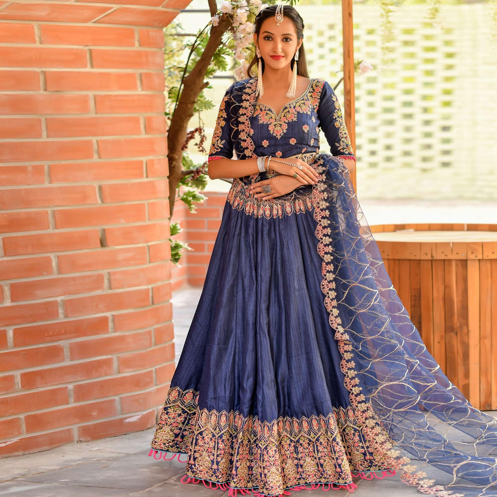Ideal Blue Colored Wedding Wear Embroidered Chennai Silk Lehenga Choli - Peachmode