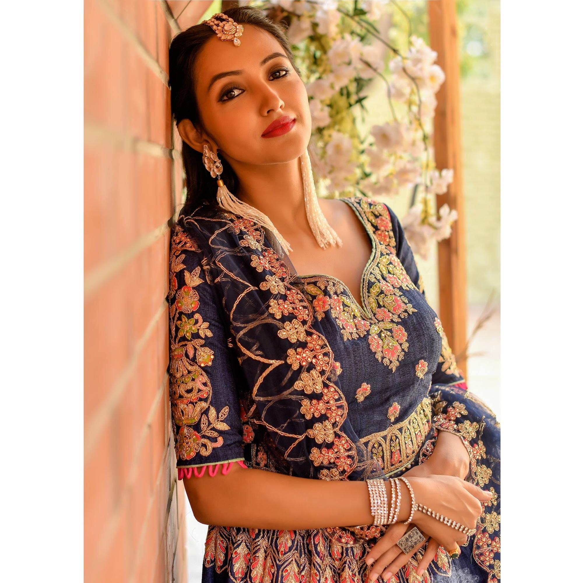 Ideal Blue Colored Wedding Wear Embroidered Chennai Silk Lehenga Choli - Peachmode