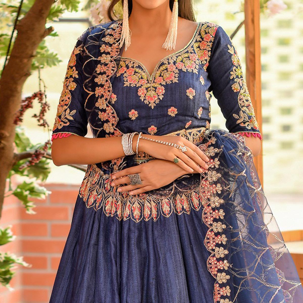 Ideal Blue Colored Wedding Wear Embroidered Chennai Silk Lehenga Choli - Peachmode