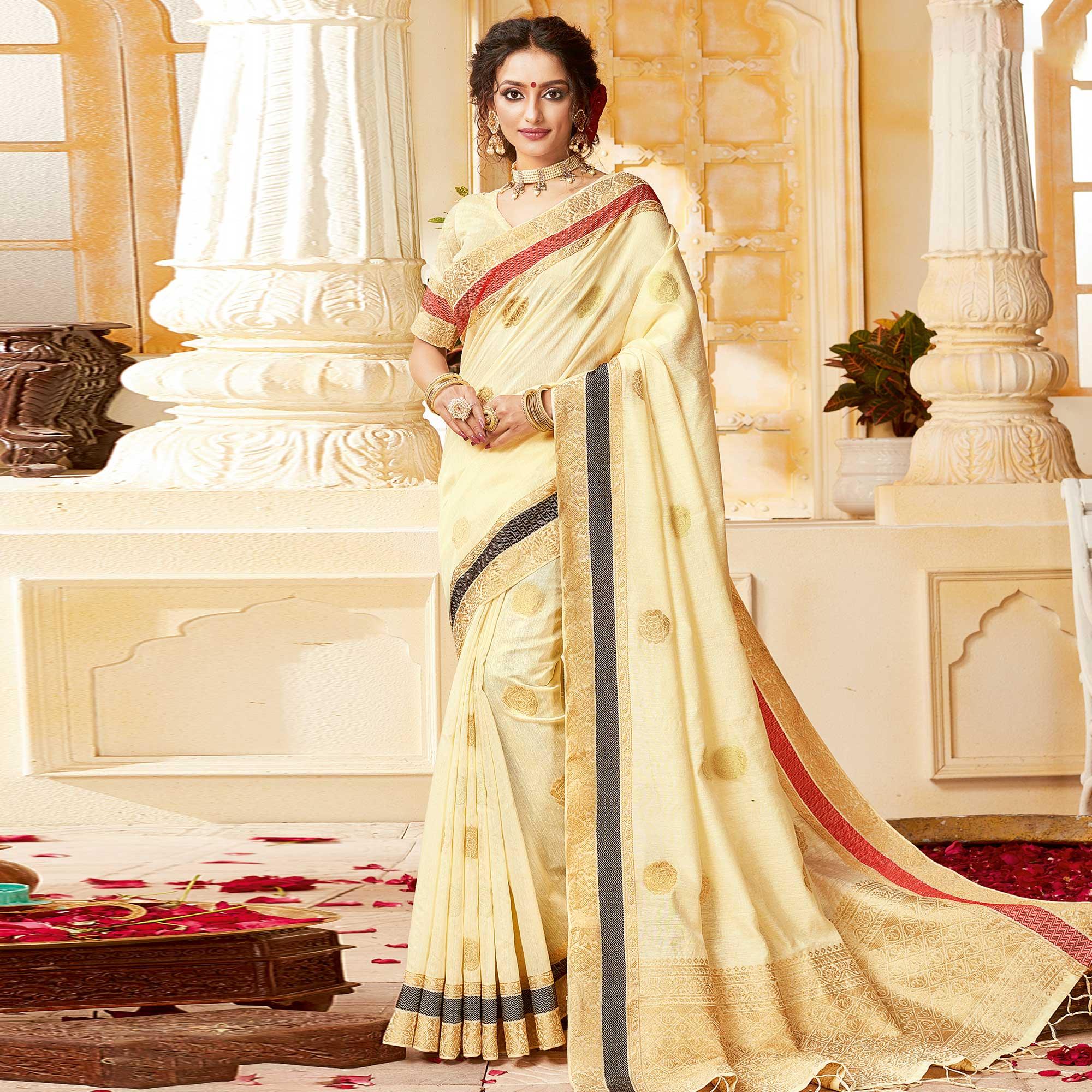 Ideal Cream Colored Festive Wear Woven Cotton Handloom Saree - Peachmode