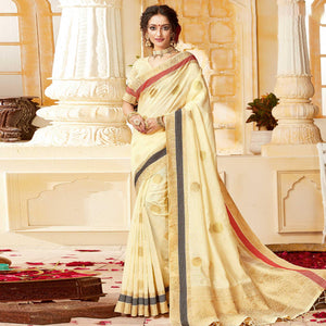 Ideal Cream Colored Festive Wear Woven Cotton Handloom Saree - Peachmode