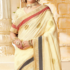 Ideal Cream Colored Festive Wear Woven Cotton Handloom Saree - Peachmode