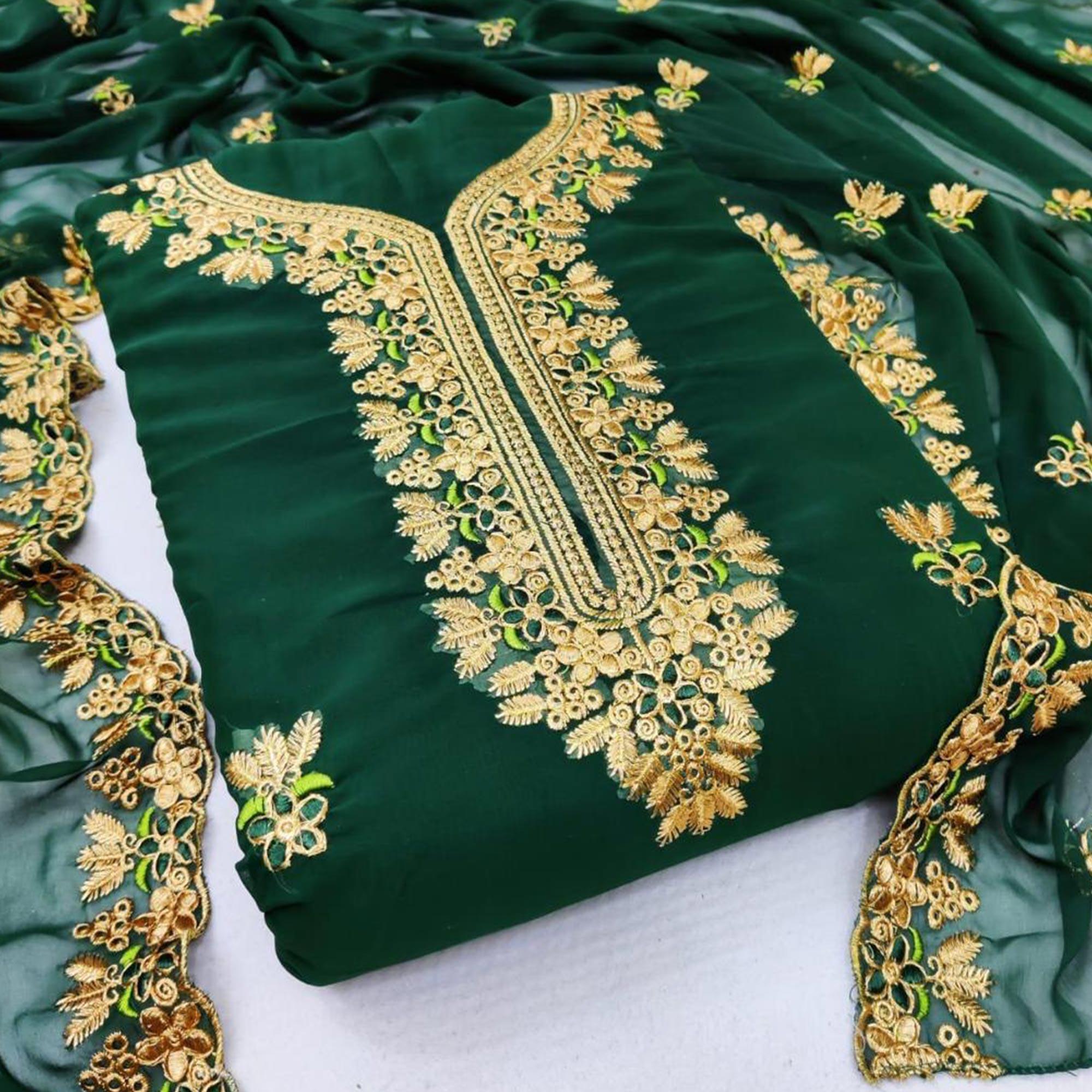 Ideal Dark Green Coloured Casual Wear Embroidered Georgette Dress Material - Peachmode
