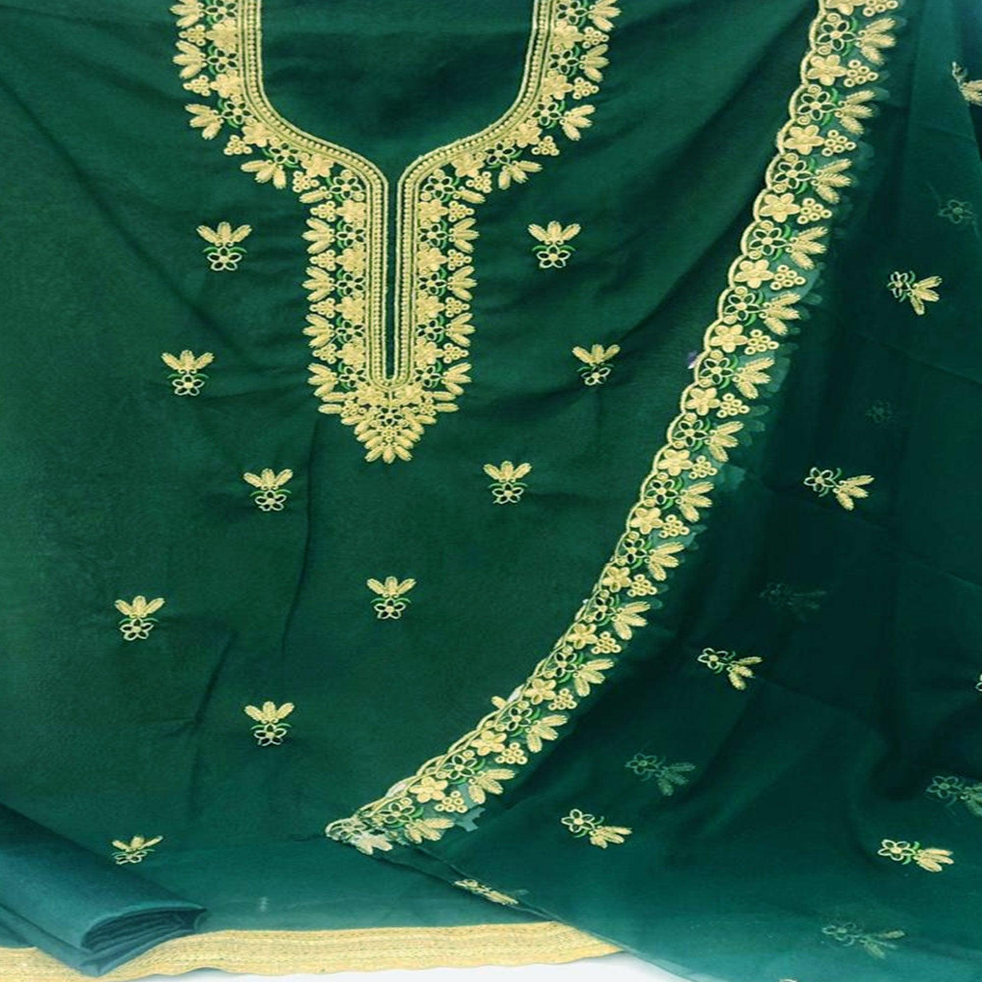 Ideal Dark Green Coloured Casual Wear Embroidered Georgette Dress Material - Peachmode