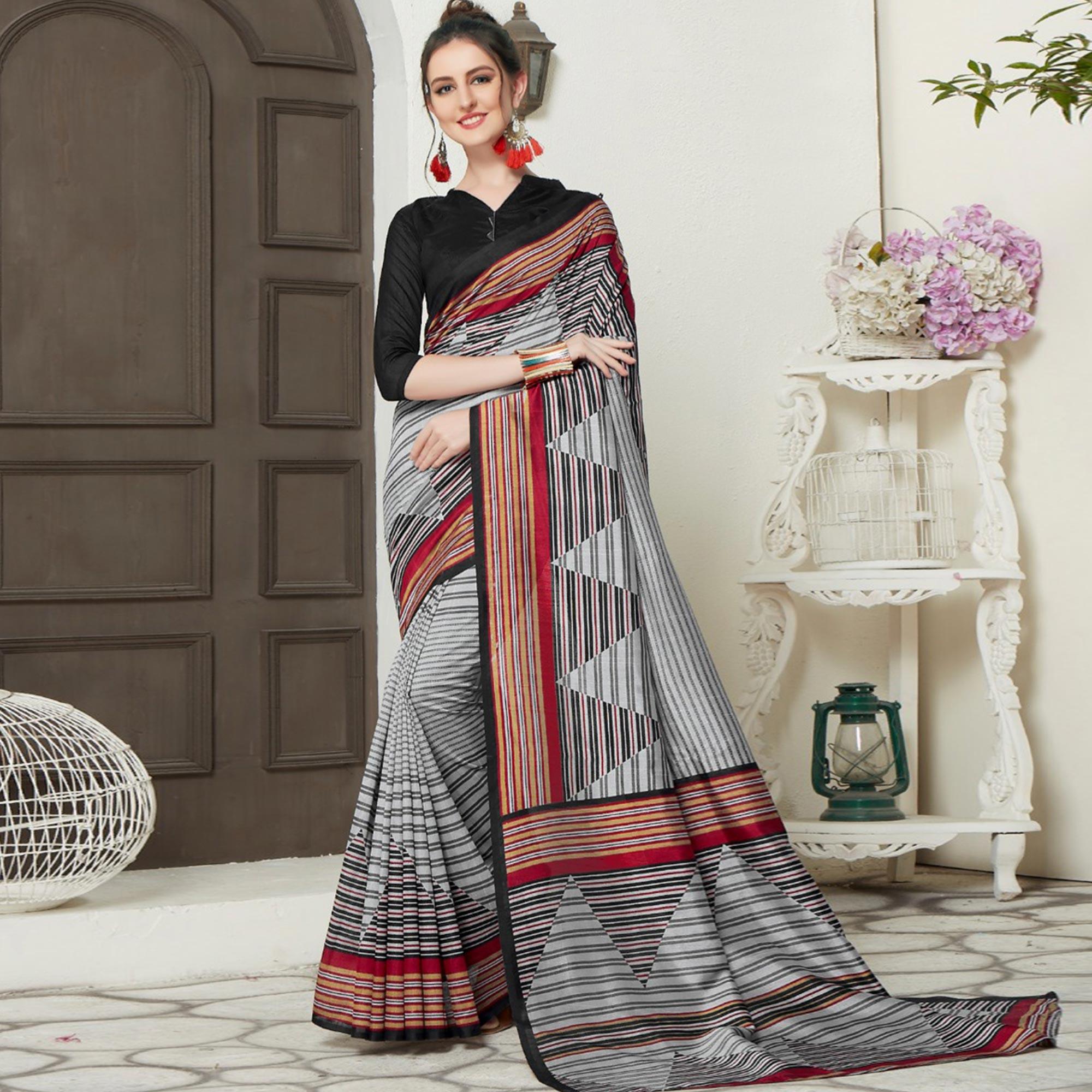 Ideal Gray-Black Colored Casual Printed Bhagalpuri Silk Saree - Peachmode