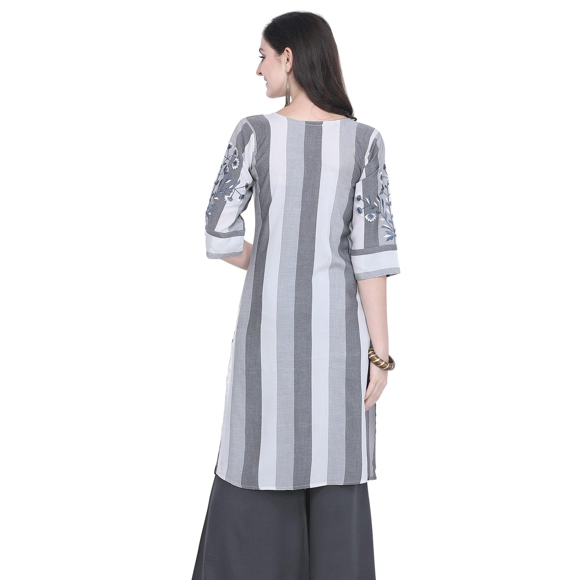 Ideal Gray Colored Casual Embroidered Rayon Kurti - Peachmode