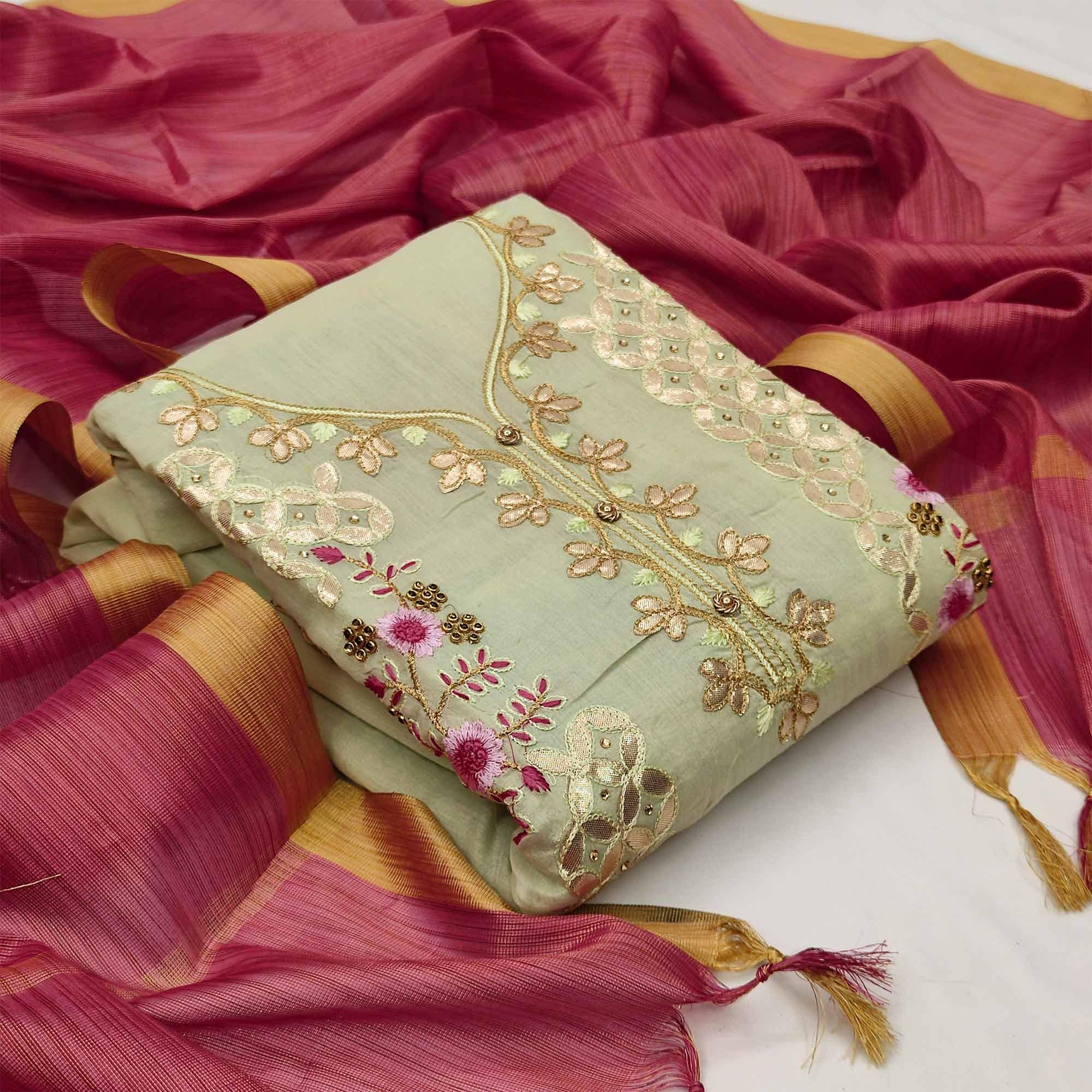 Ideal Green Colored Casual Embroidered Modal Chanderi Dress Material - Peachmode