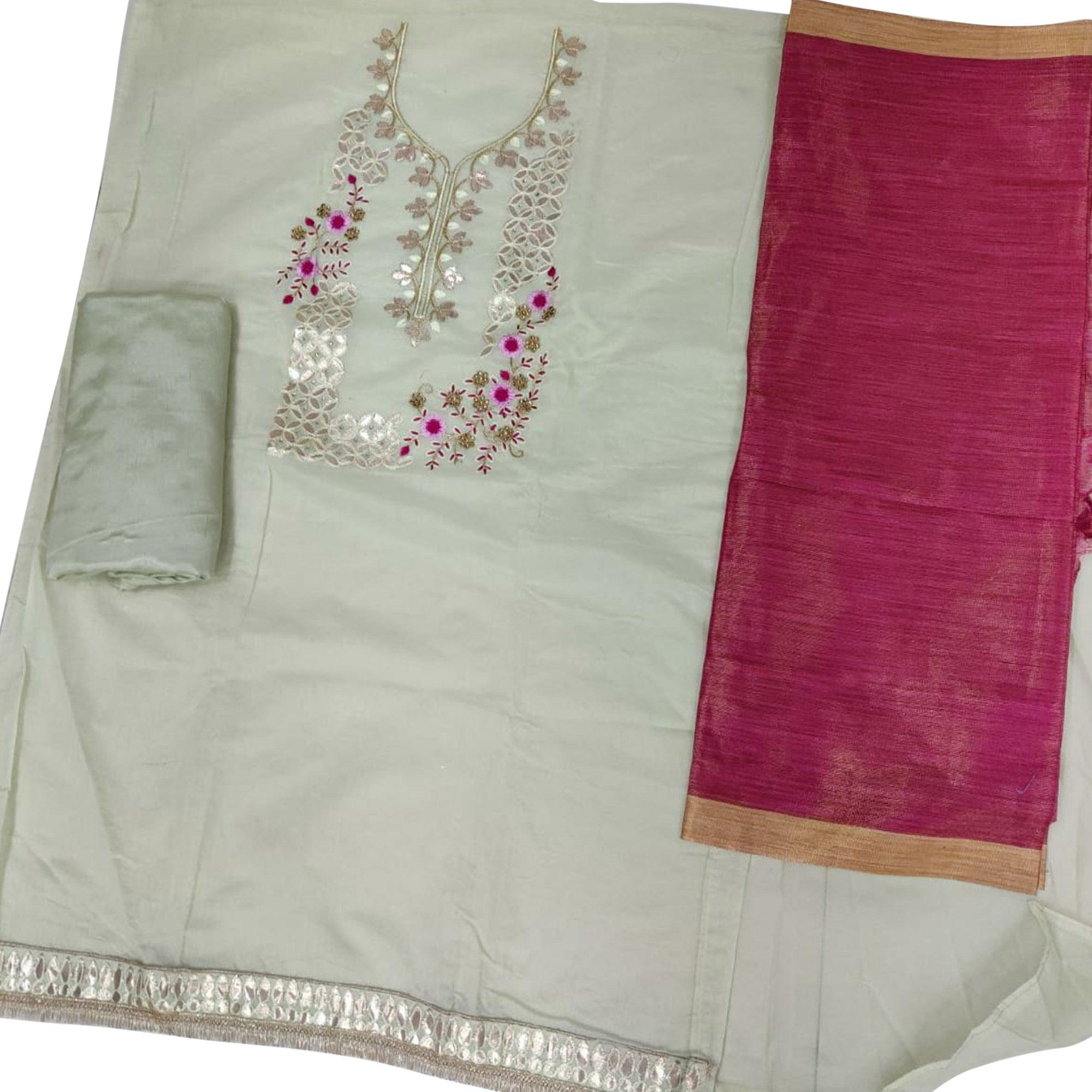 Ideal Green Colored Casual Embroidered Modal Chanderi Dress Material - Peachmode