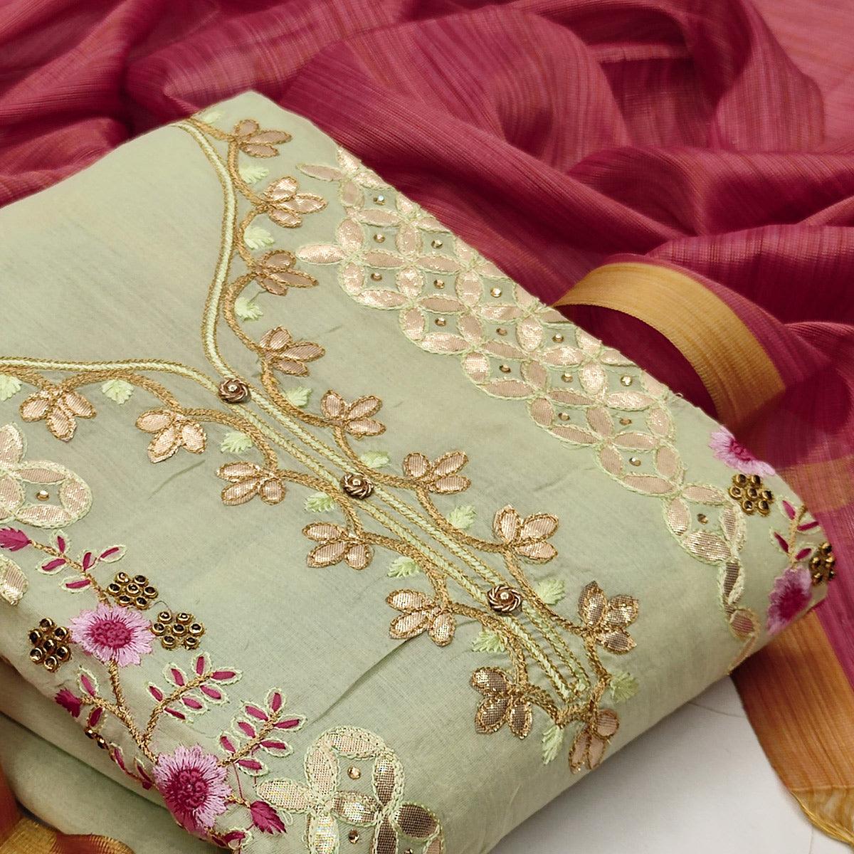 Ideal Green Colored Casual Embroidered Modal Chanderi Dress Material - Peachmode